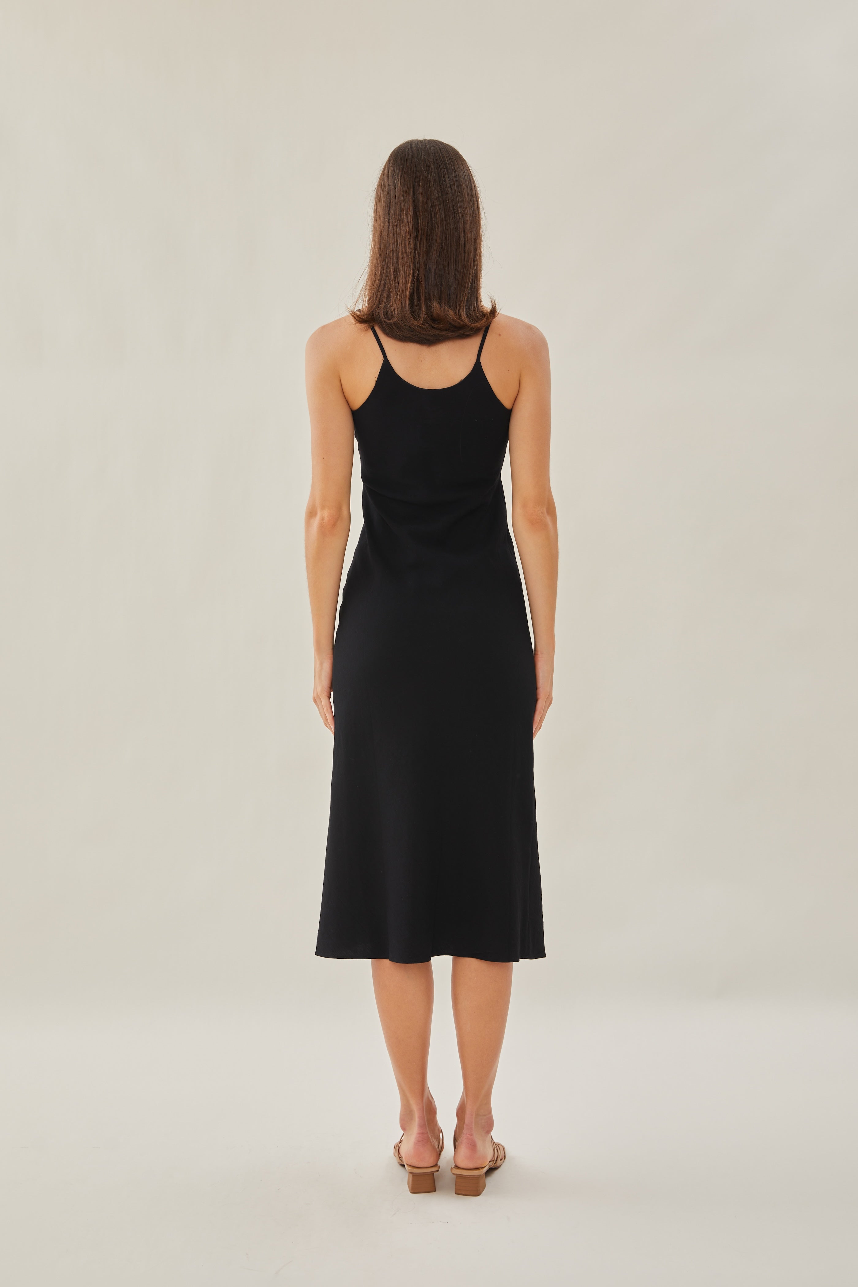 Cotton V Neck Slip Dress in Black