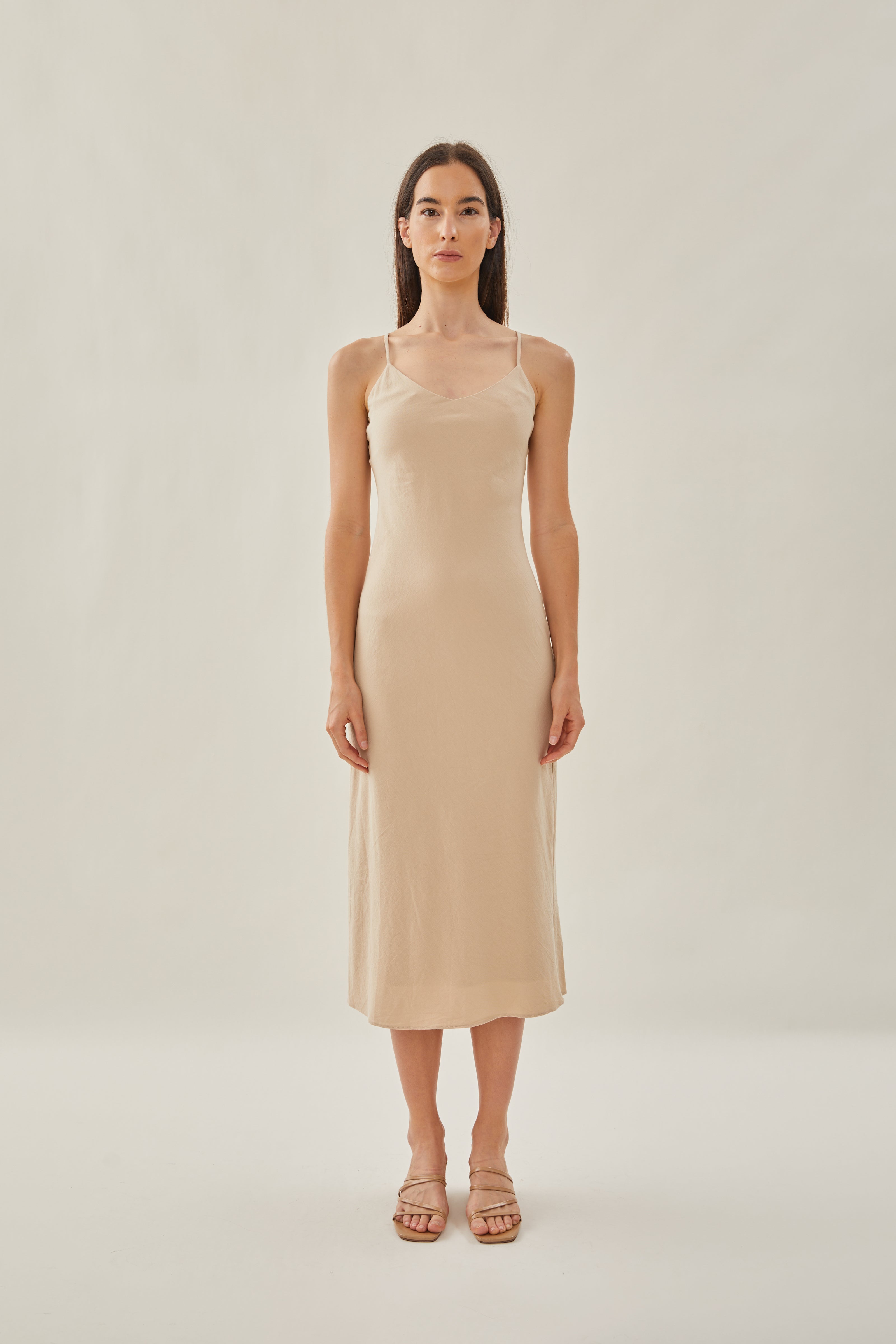 Cotton V Neck Slip Dress in Sand