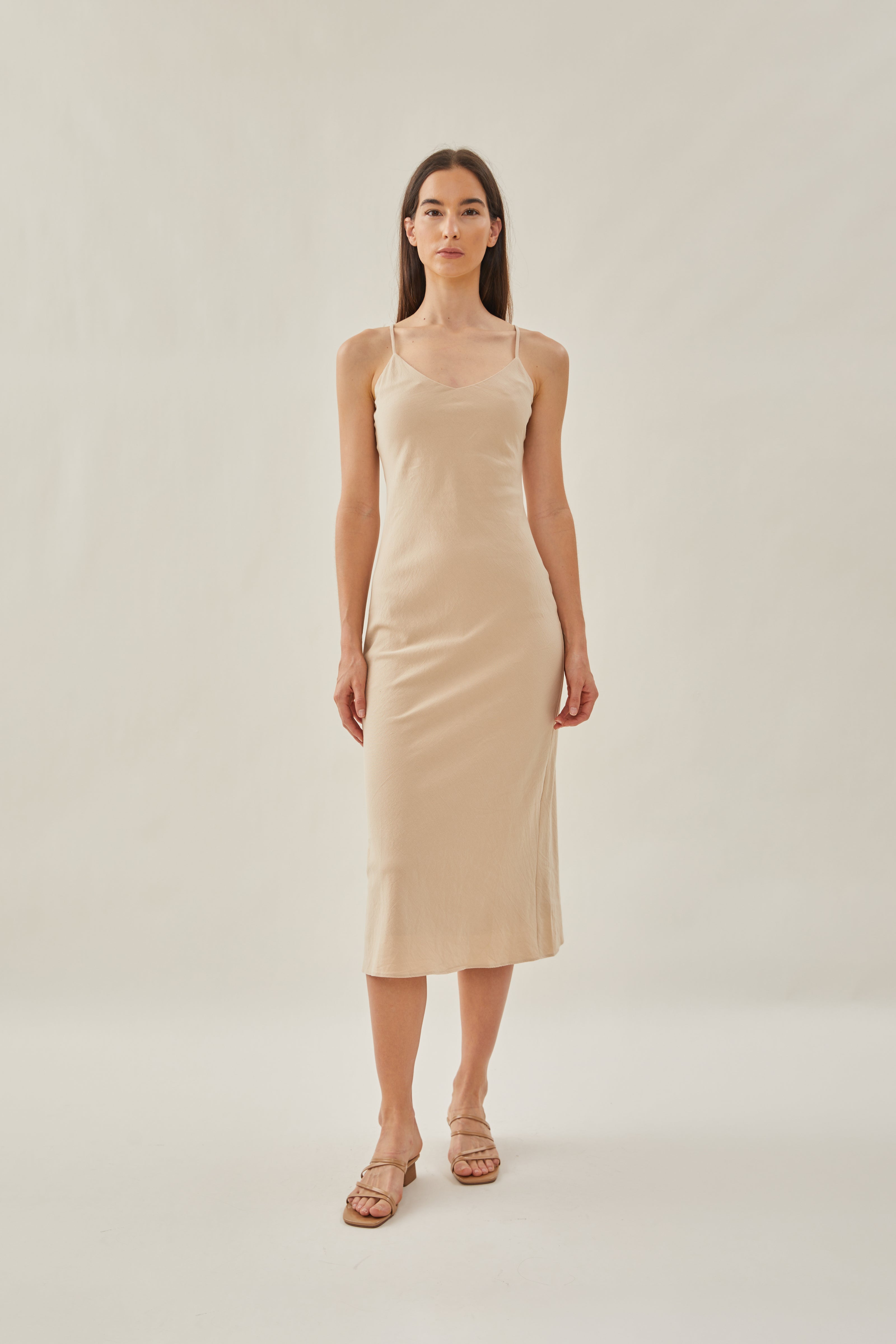 Cotton V Neck Slip Dress  in Sand