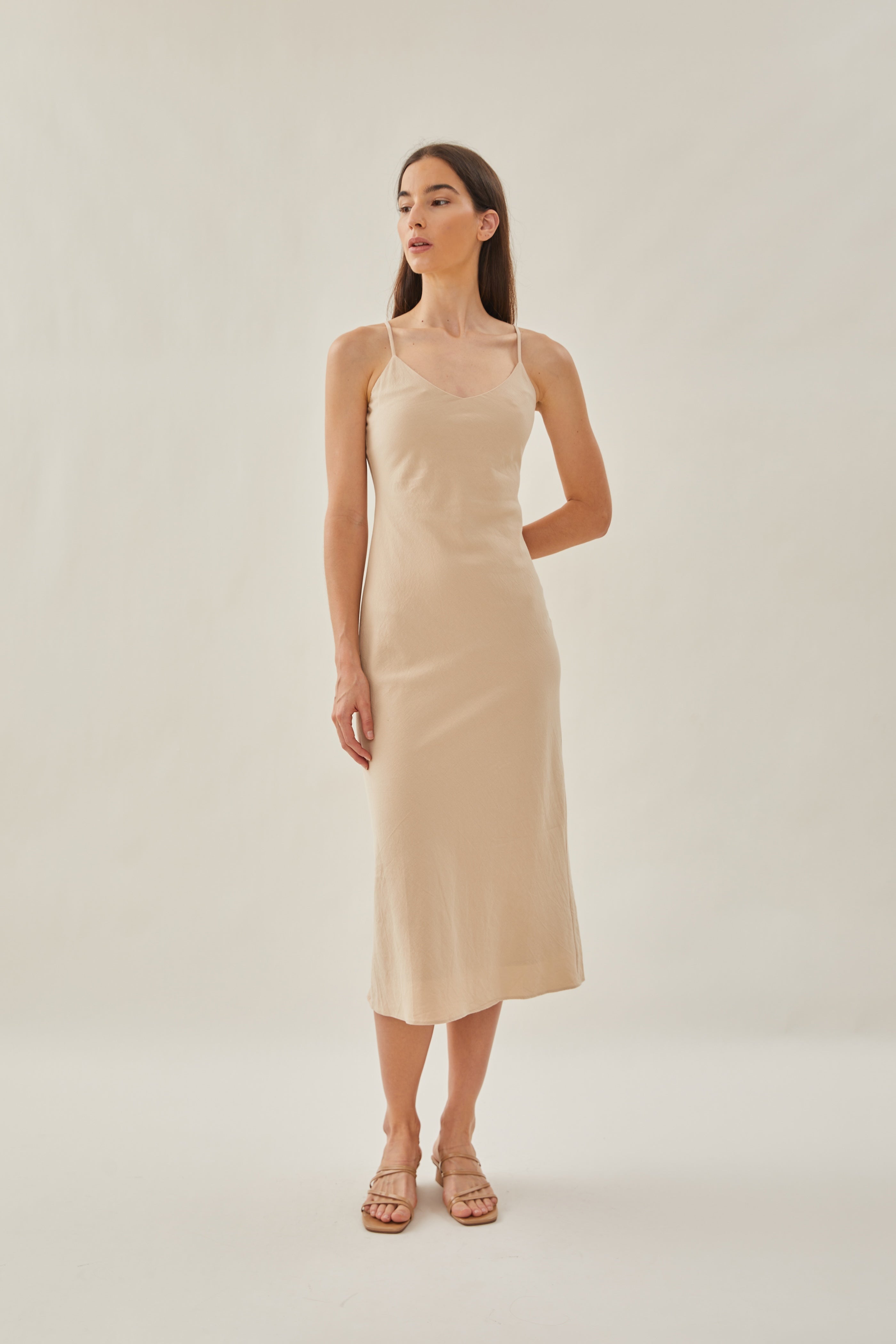 Cotton V Neck Slip Dress in Sand