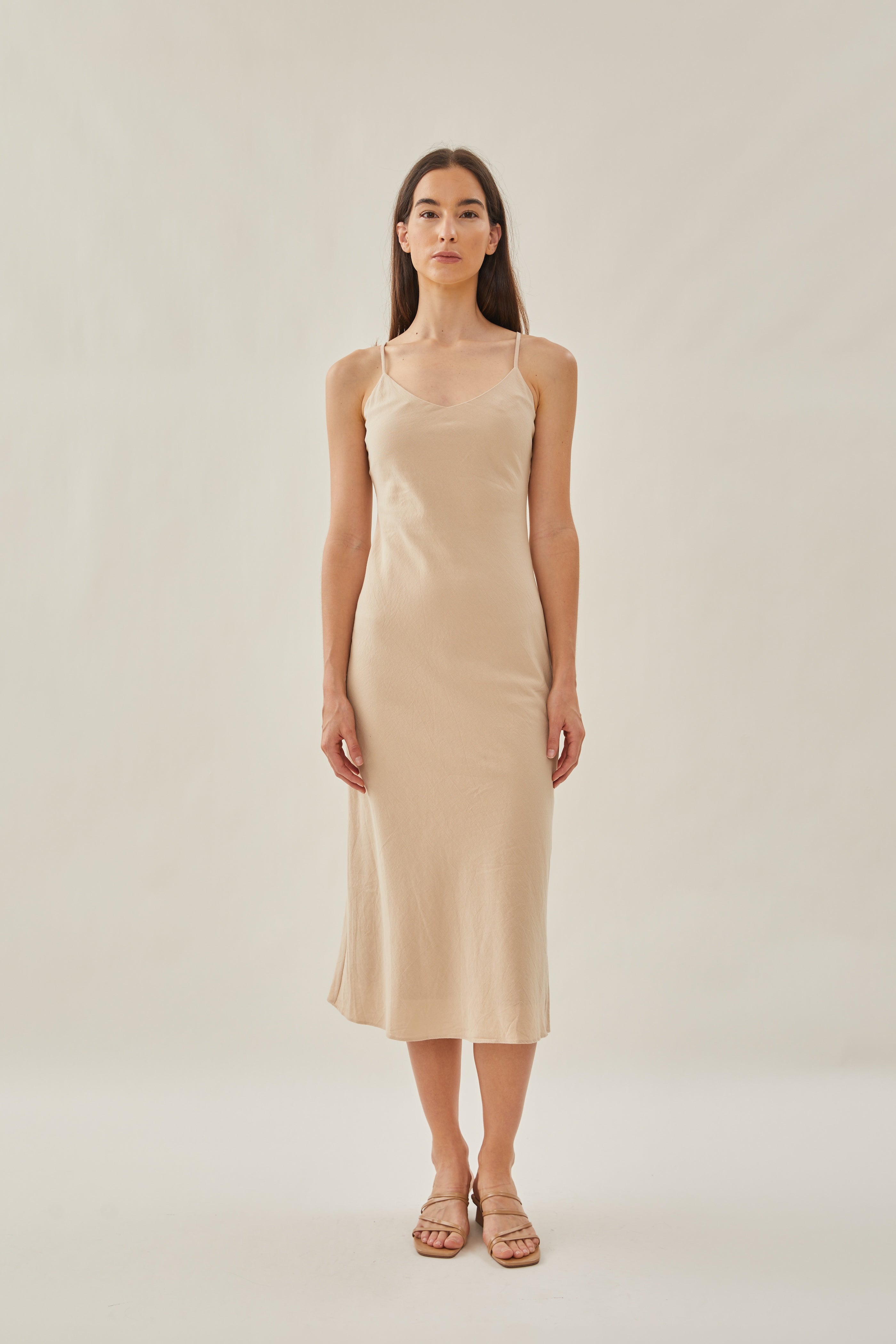Cotton V Neck Slip Dress in Sand