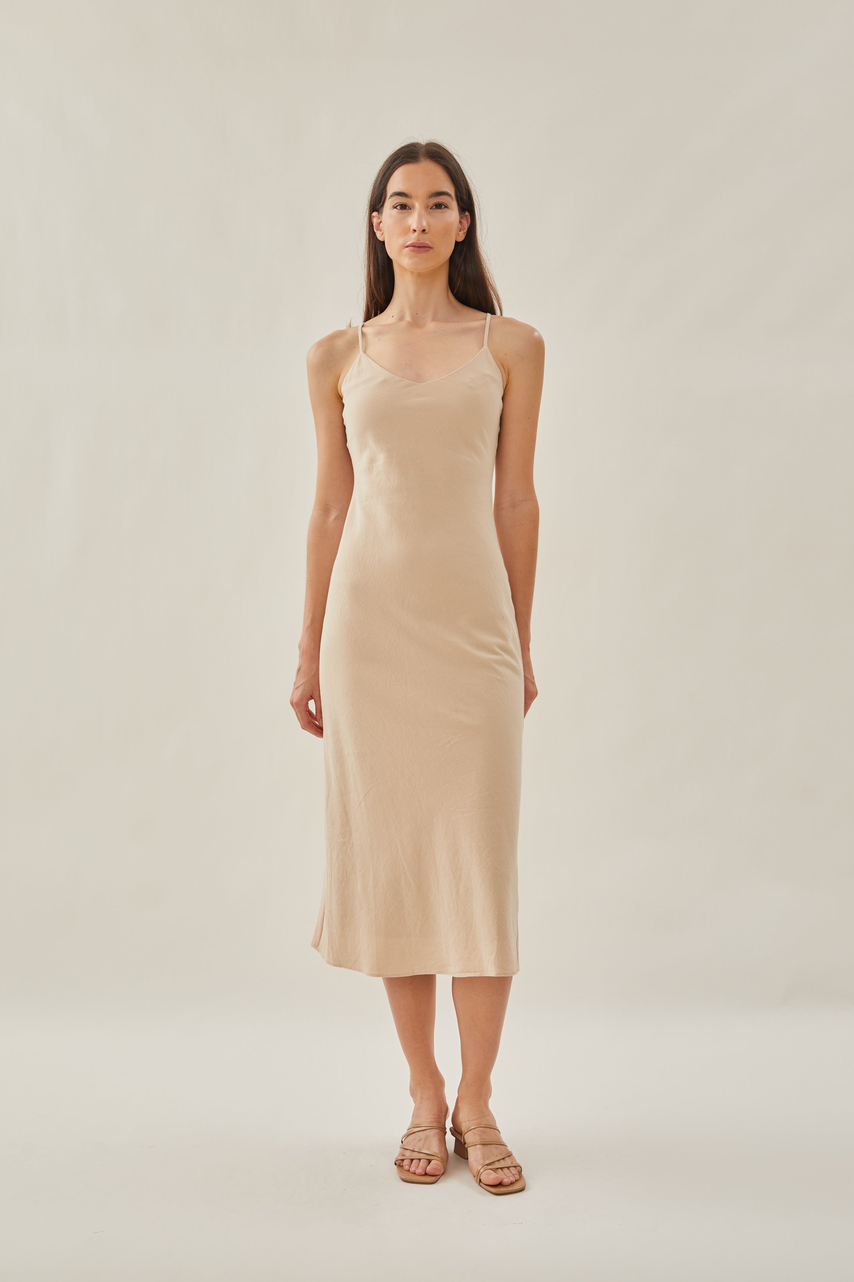Cotton V Neck Slip Dress in Sand