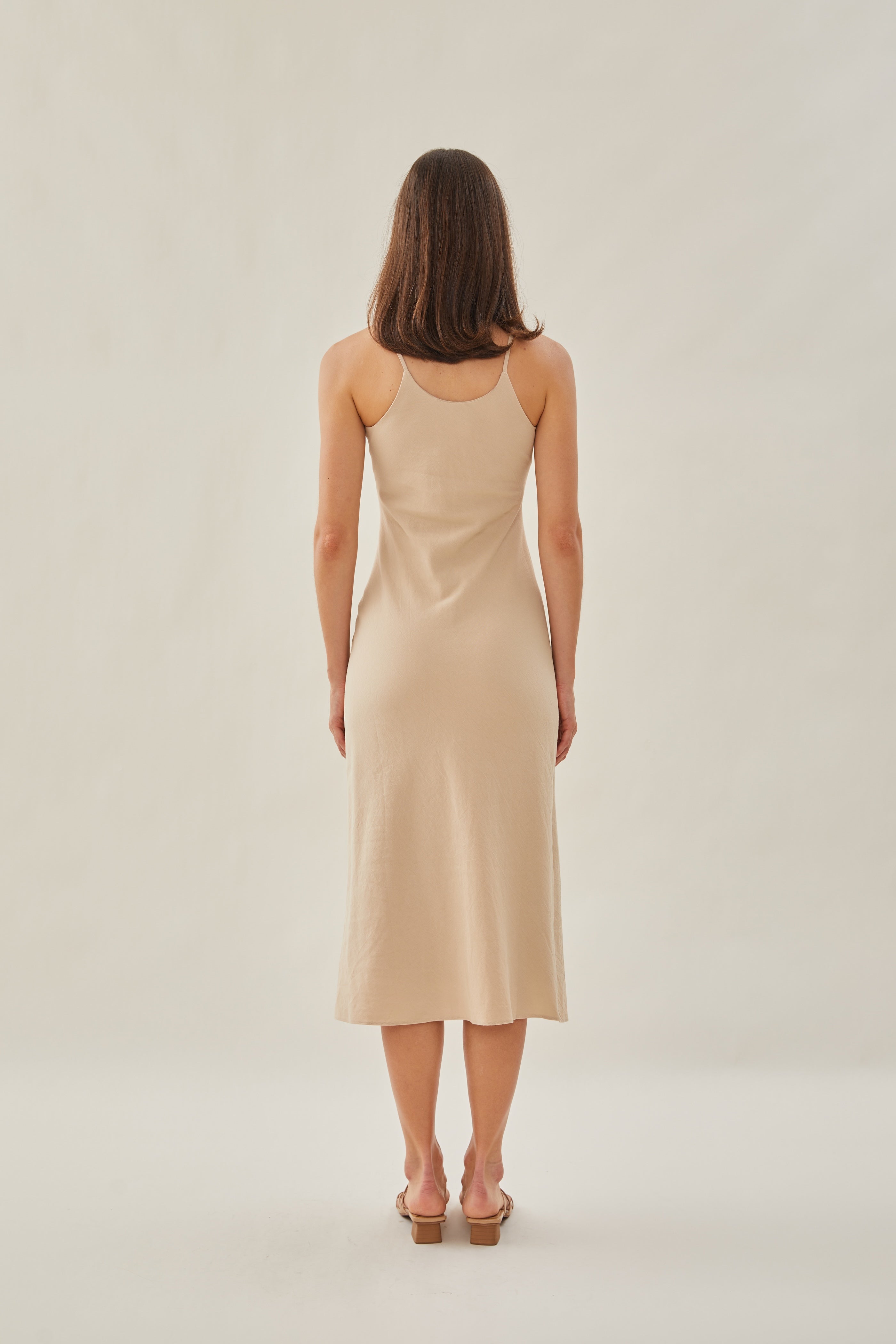 Cotton V Neck Slip Dress in Sand