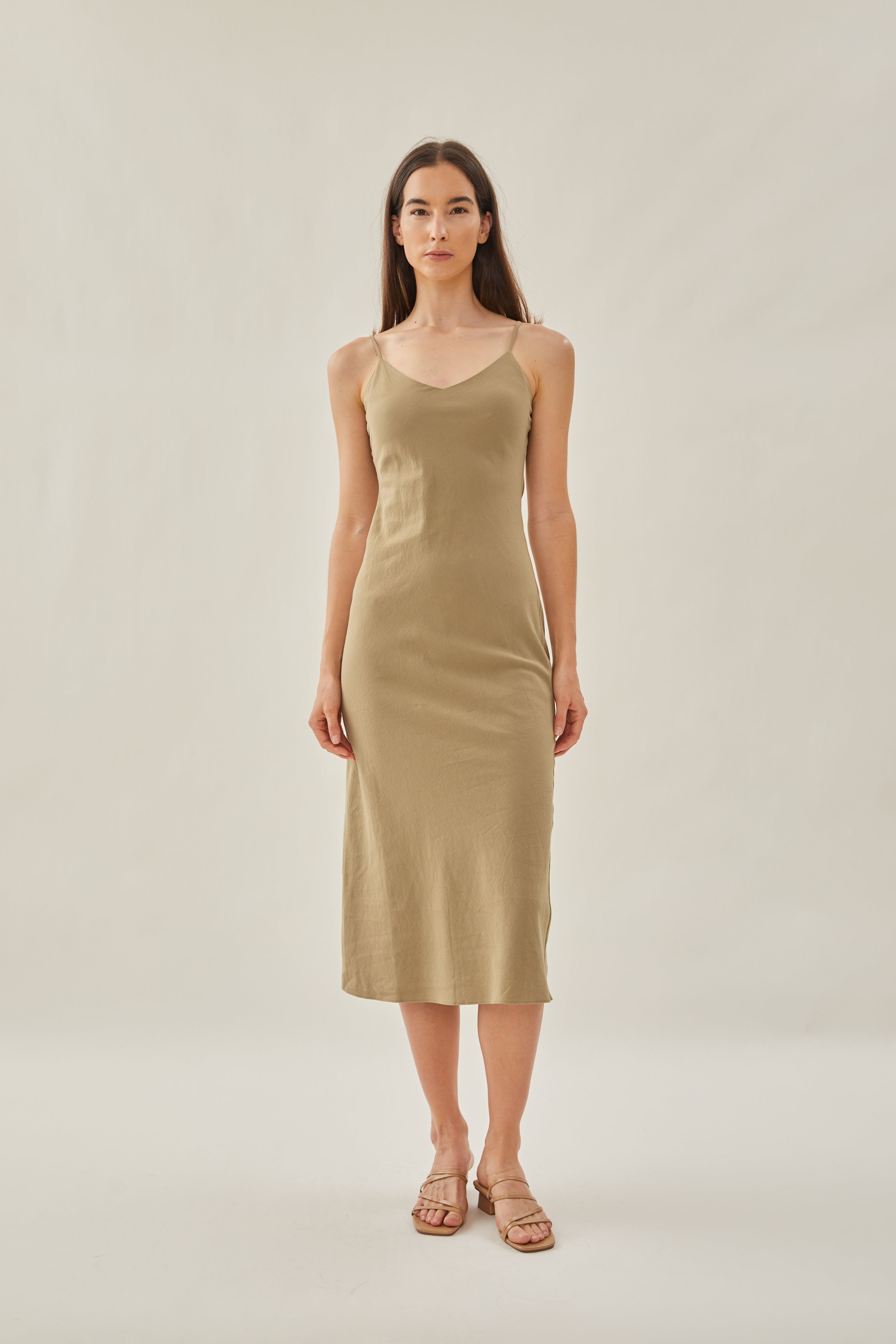 Cotton V Neck Slip Dress in Khaki