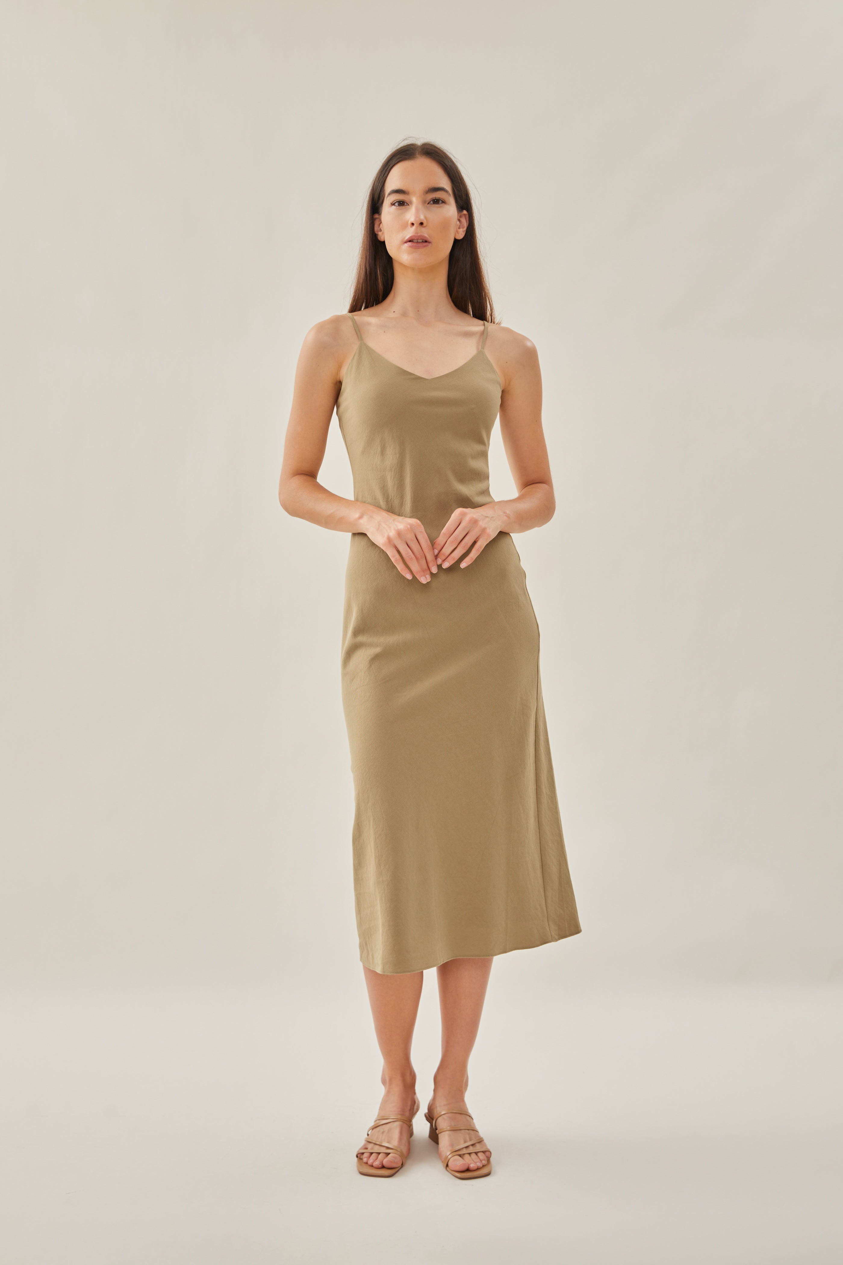 Cotton V Neck Slip Dress in Khaki