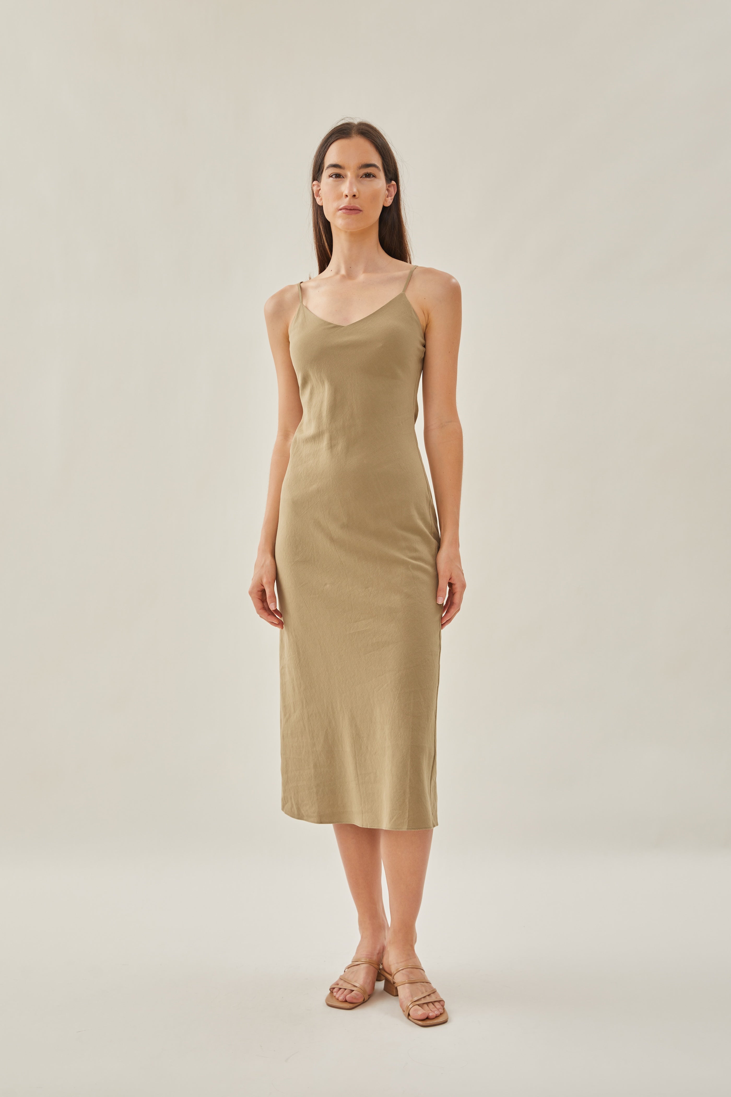 Cotton V Neck Slip Dress in Khaki