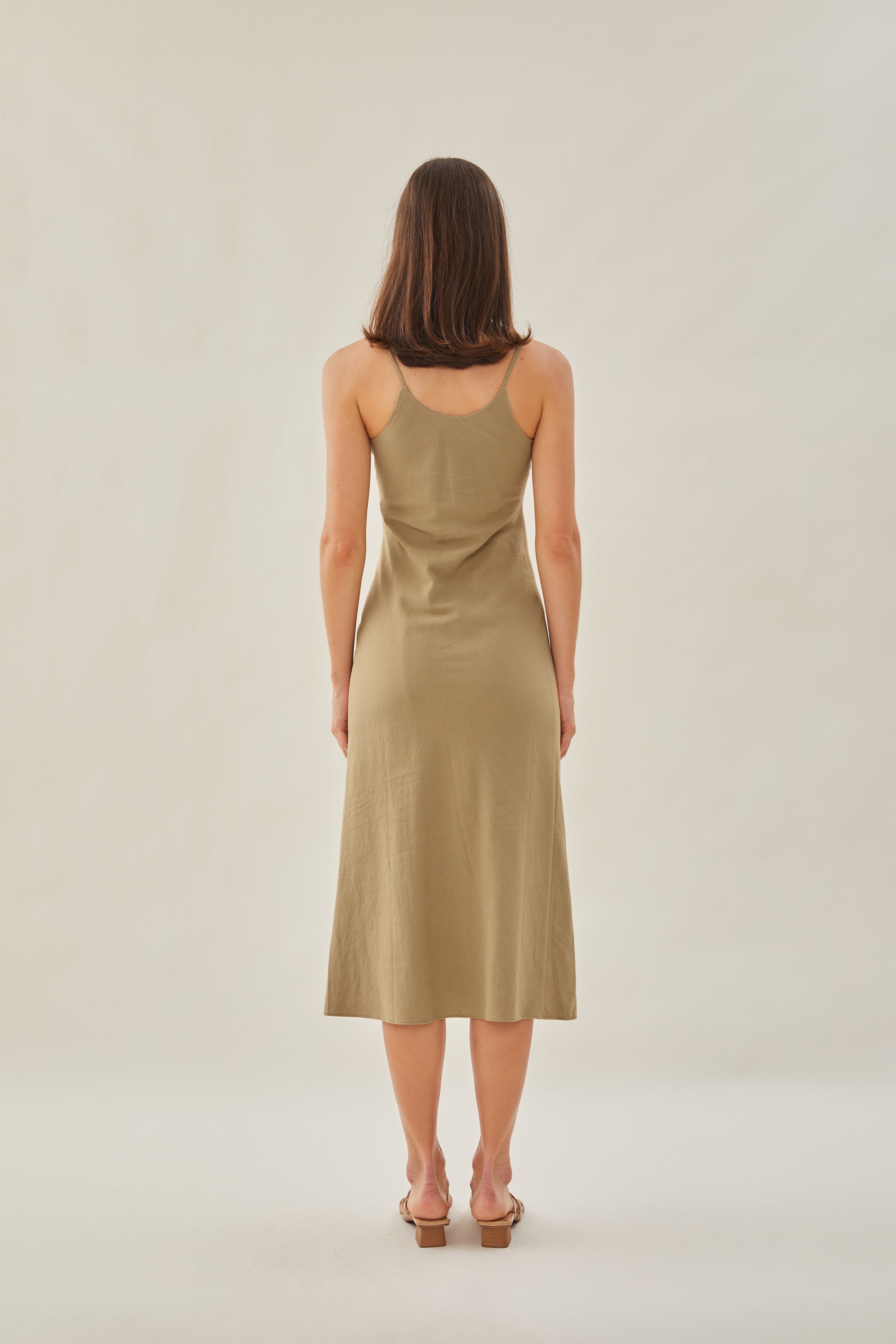 Cotton V Neck Slip Dress in Khaki