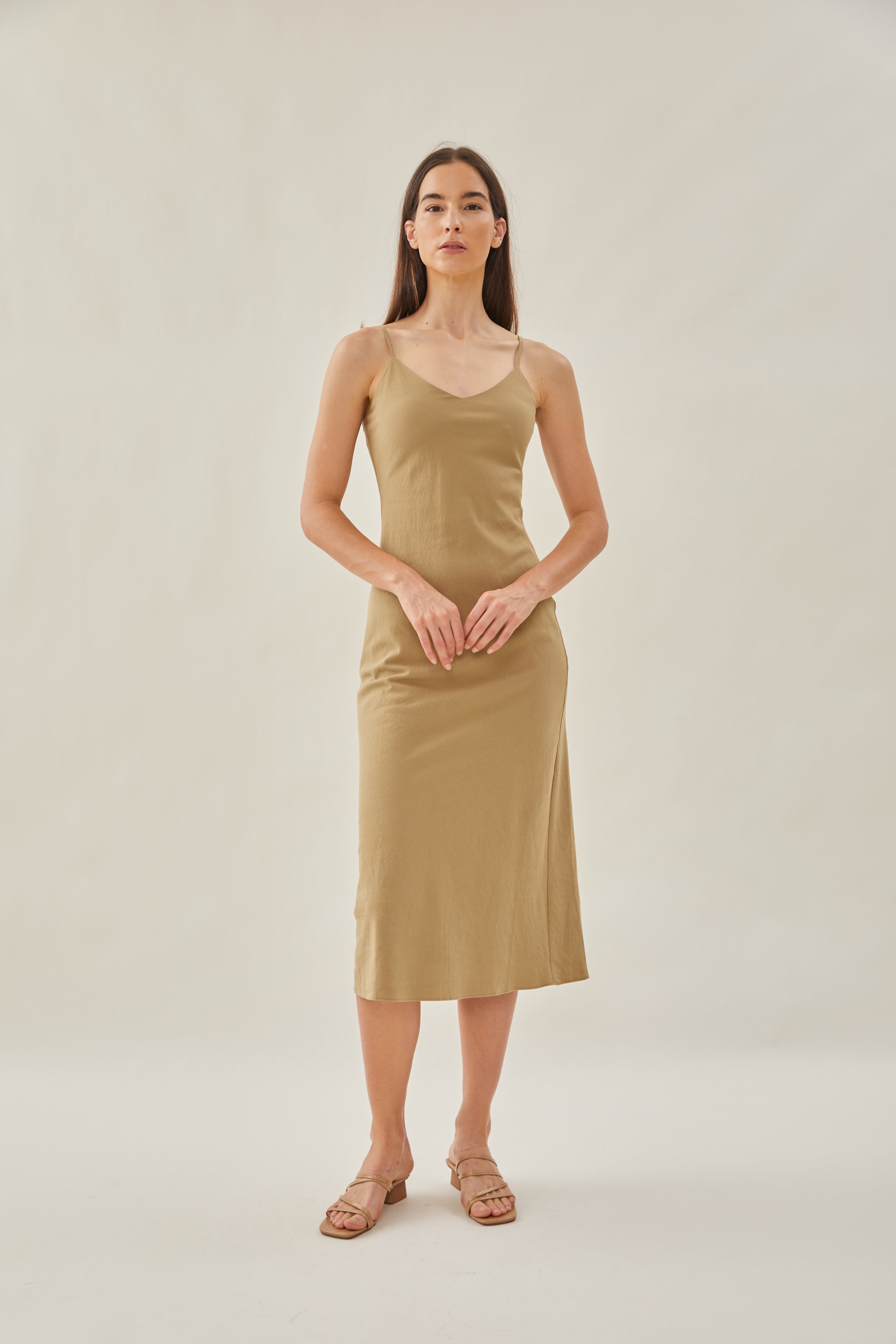 Cotton V Neck Slip Dress in Khaki