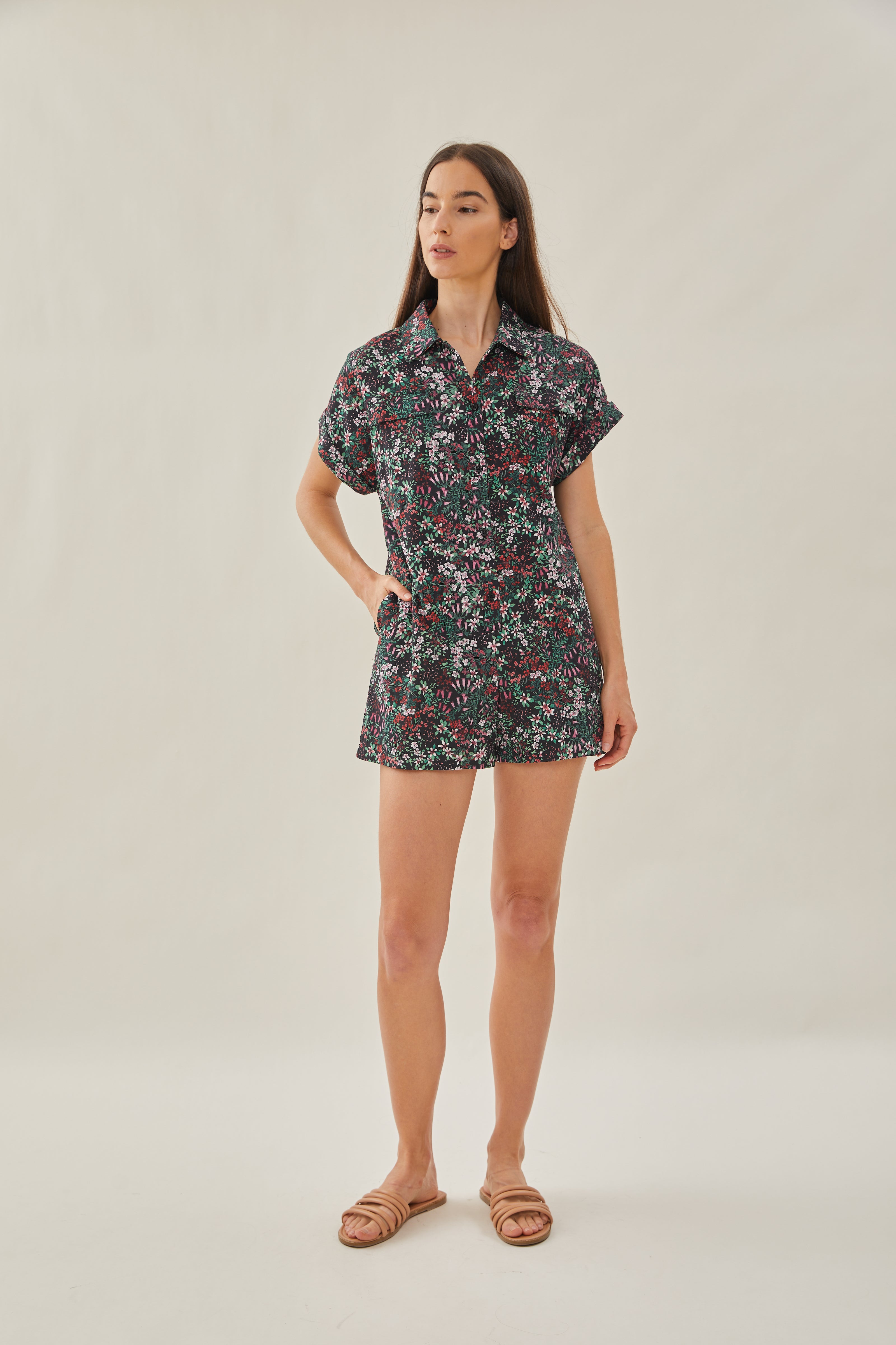 Relaxed Shirt Romper in Wild