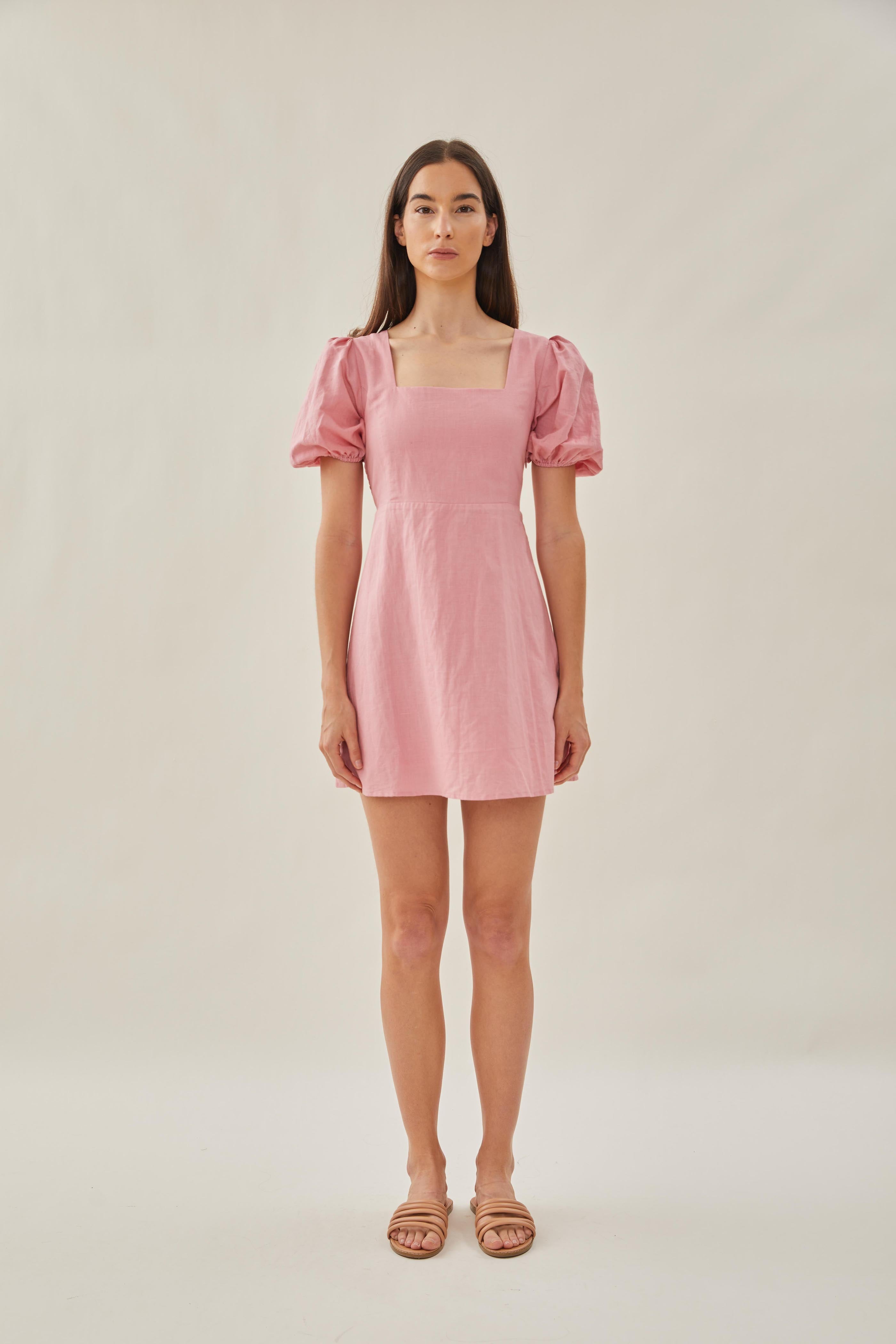 Square Neck Sleeved Mini Dress in Pink