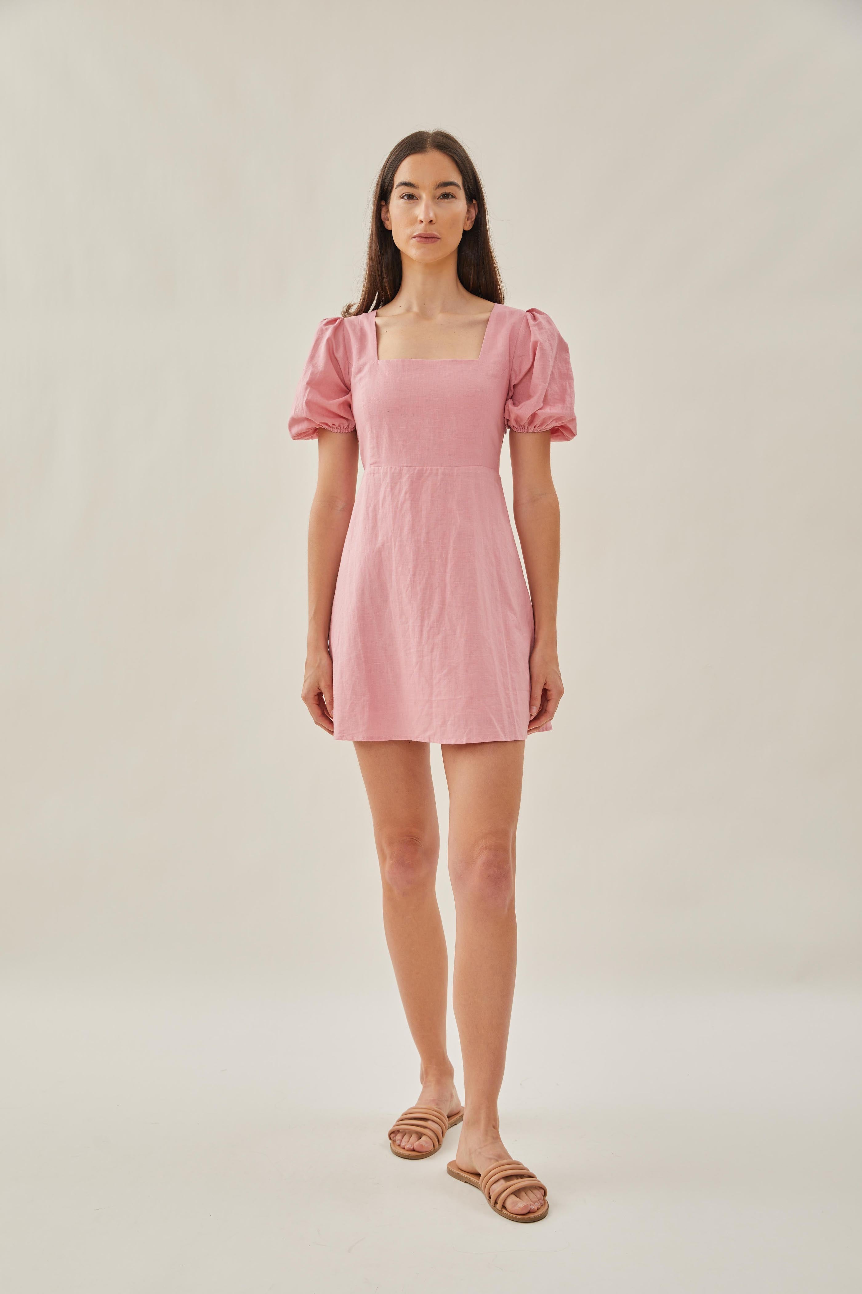 Square Neck Sleeved Mini Dress in Pink