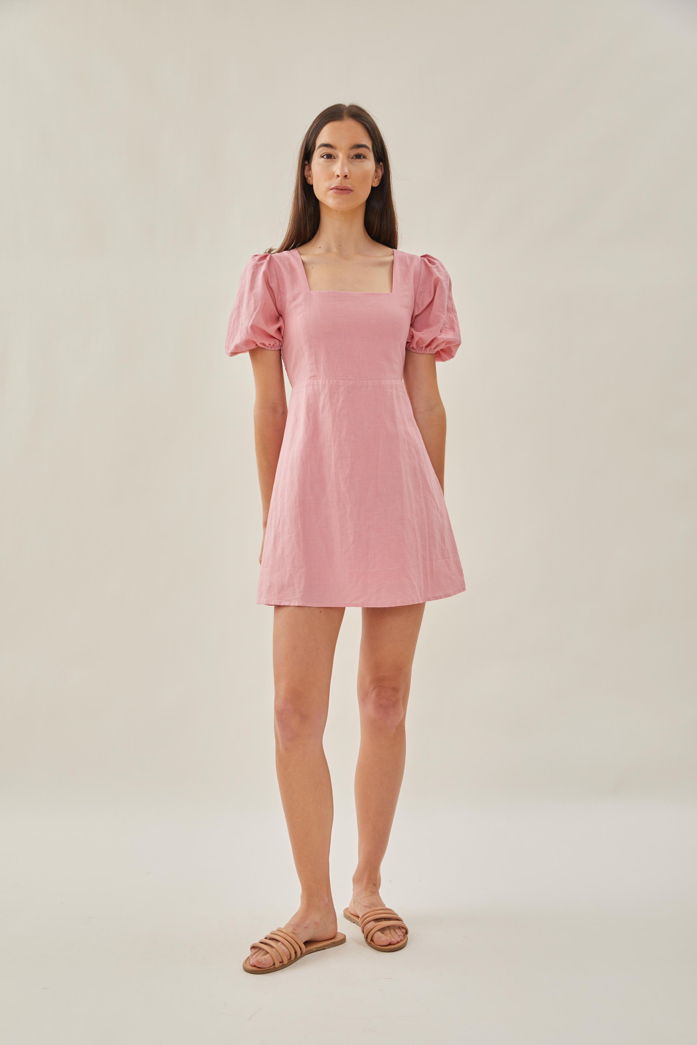 Square Neck Sleeved Mini Dress in Pink