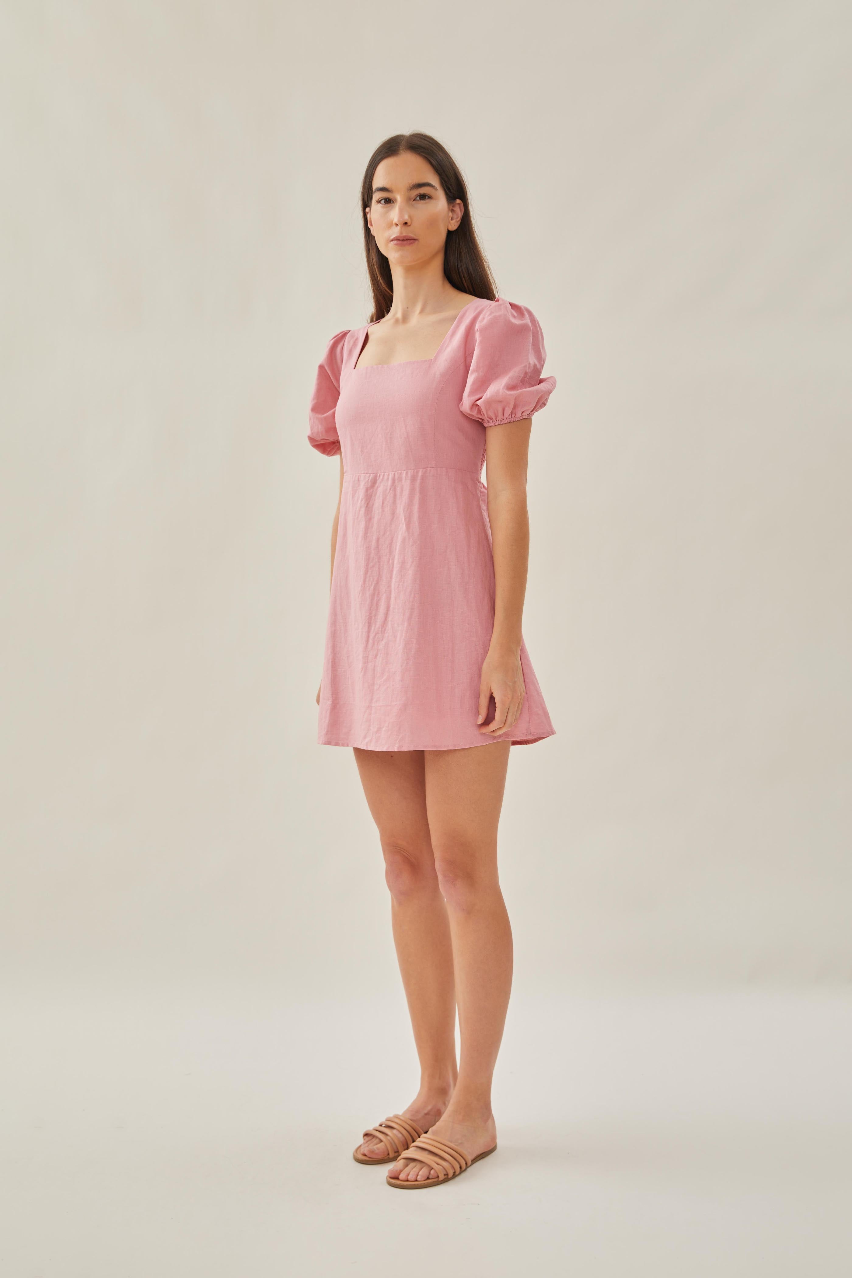 Square Neck Sleeved Mini Dress in Pink