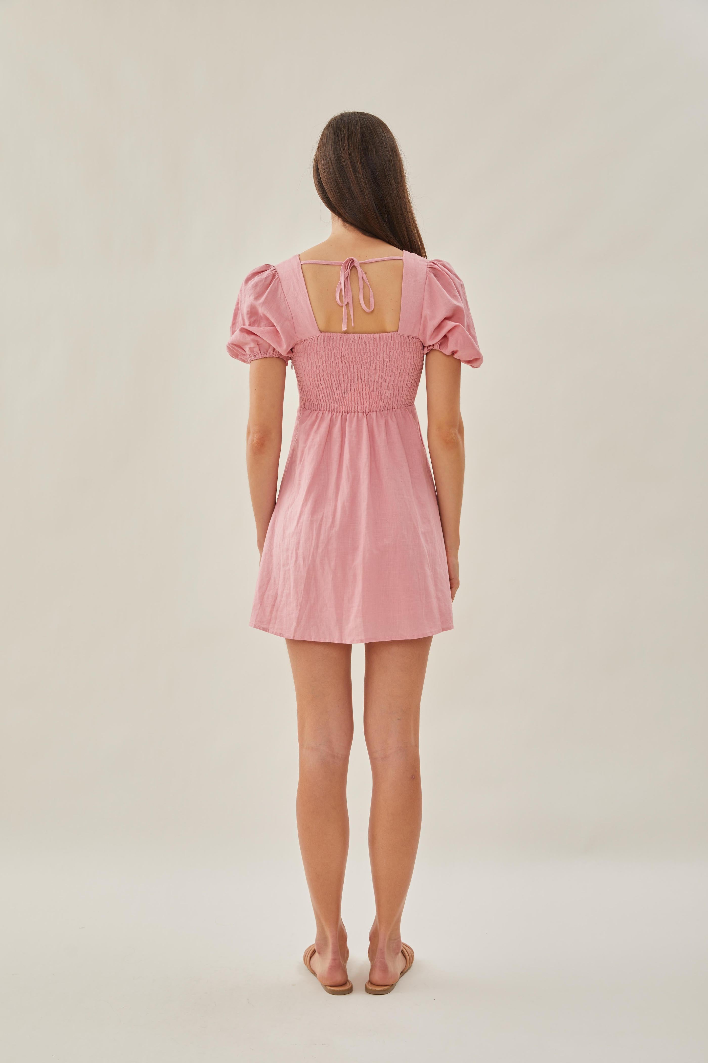 Square Neck Sleeved Mini Dress in Pink