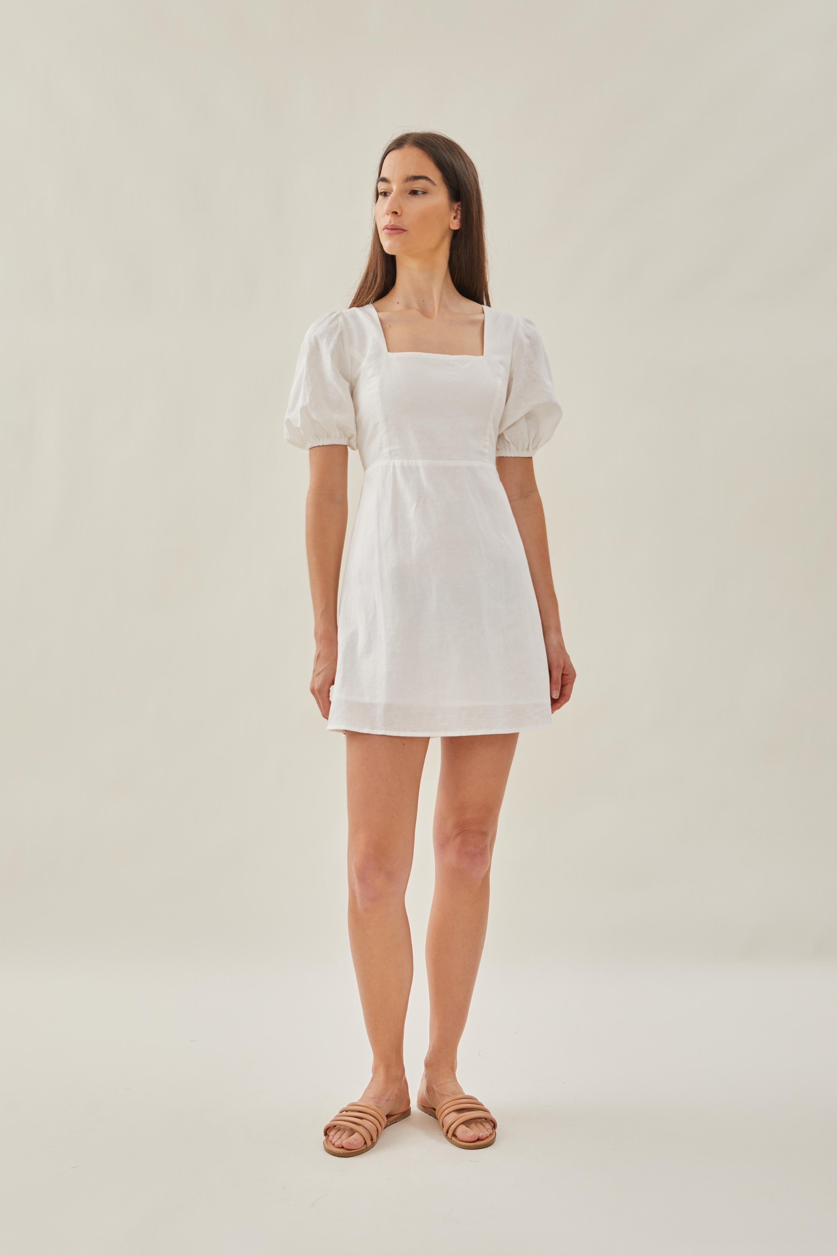 Square Neck Sleeved Mini Dress in White