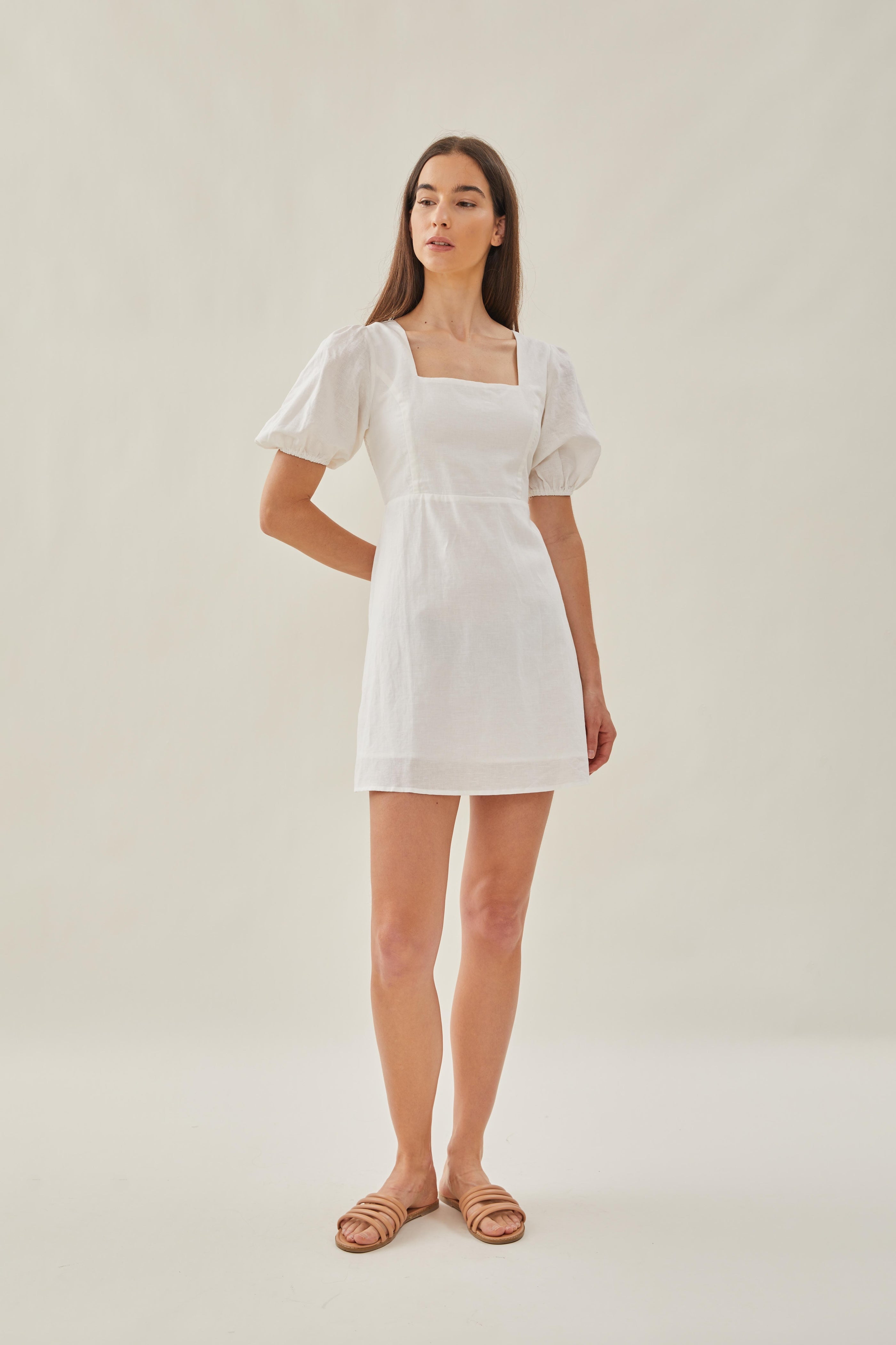 Square Neck Sleeved Mini Dress in White