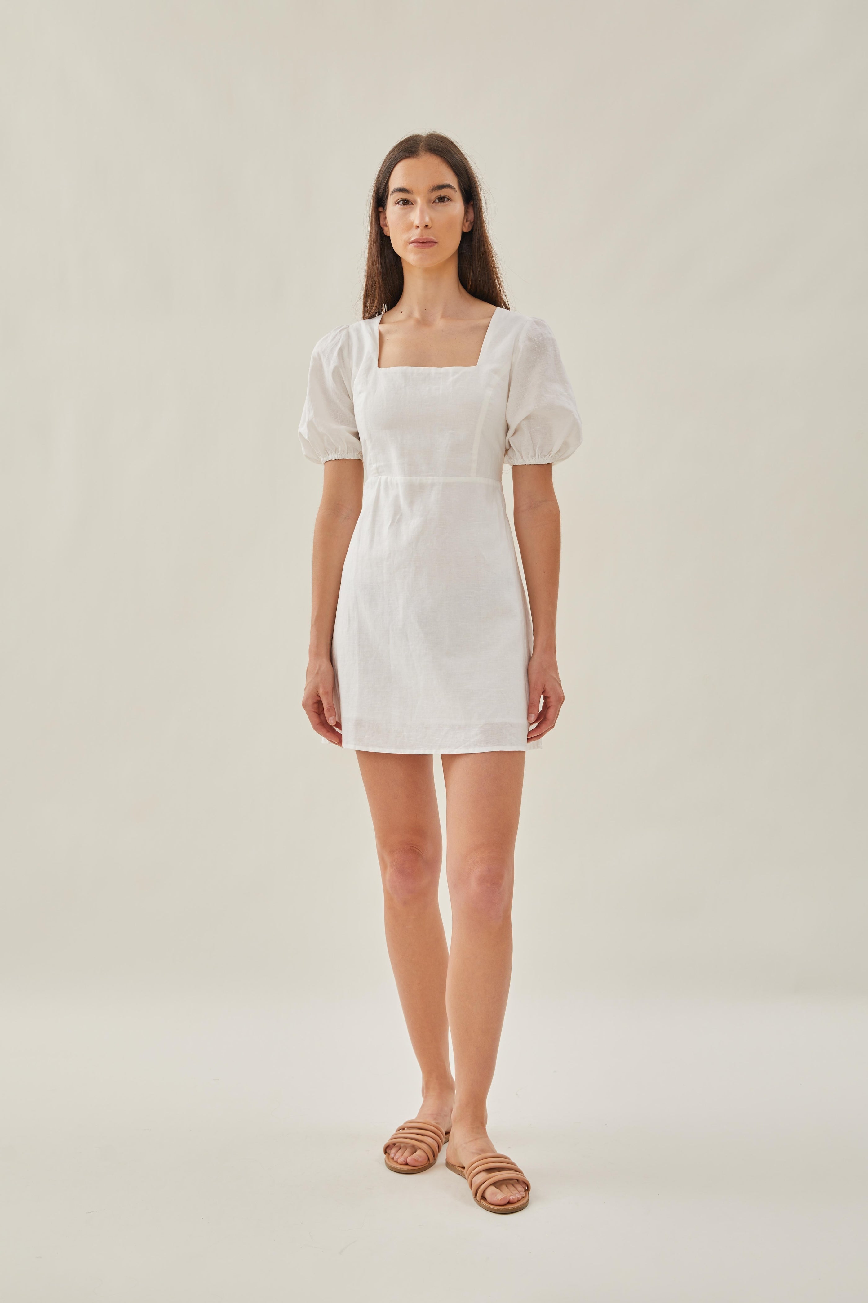 Square Neck Sleeved Mini Dress in White