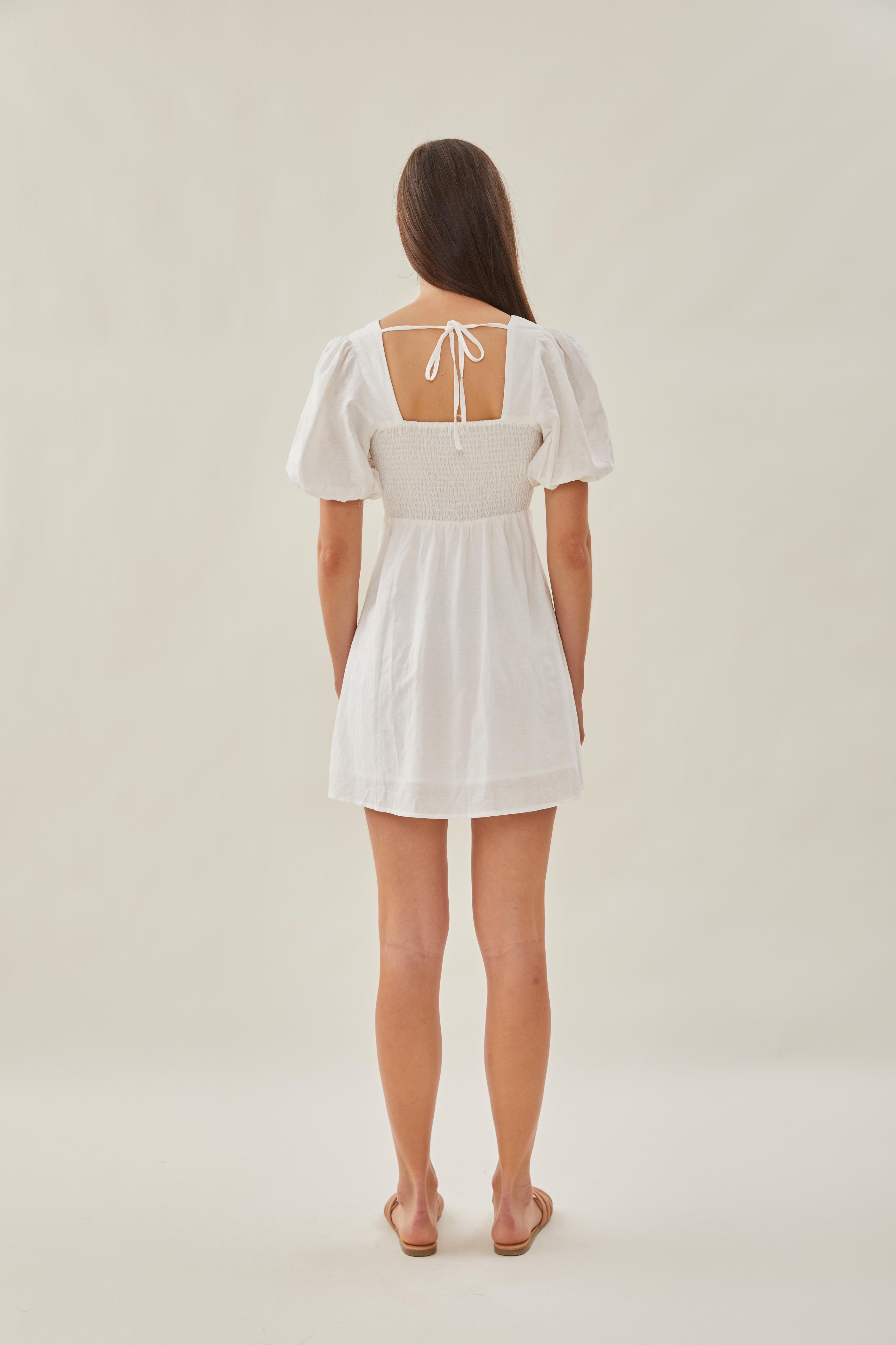 Square Neck Sleeved Mini Dress in White