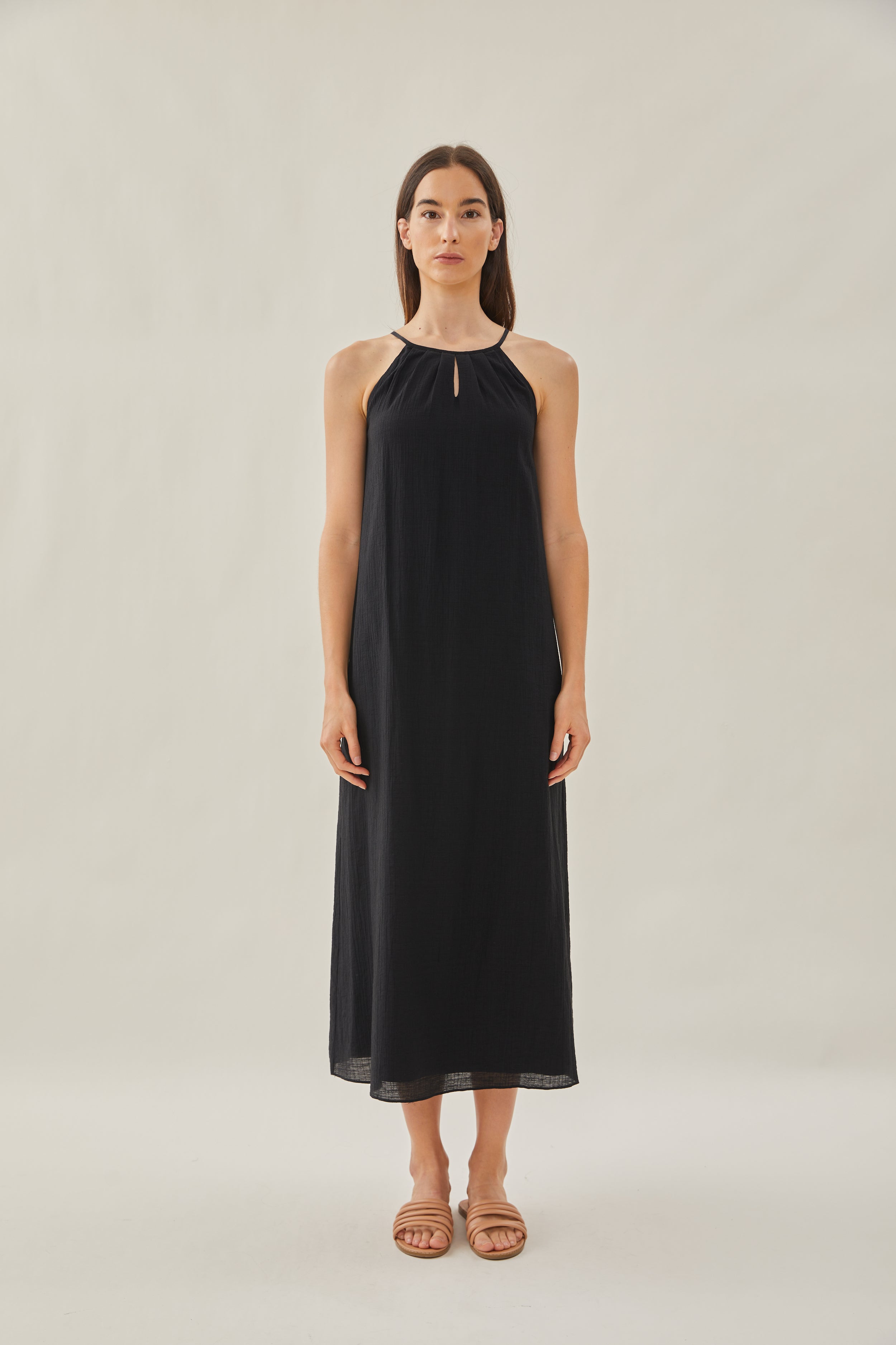 Gathered Dress With Keyhole in Black
