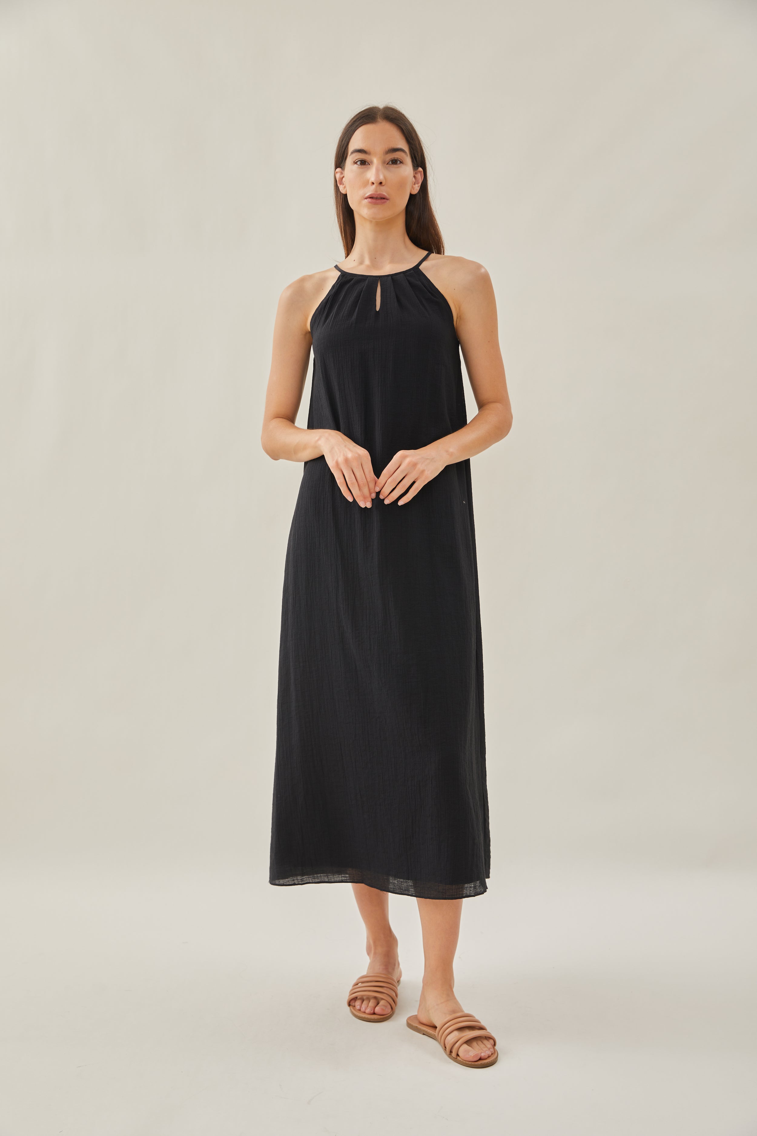 Gathered Dress With Keyhole in Black