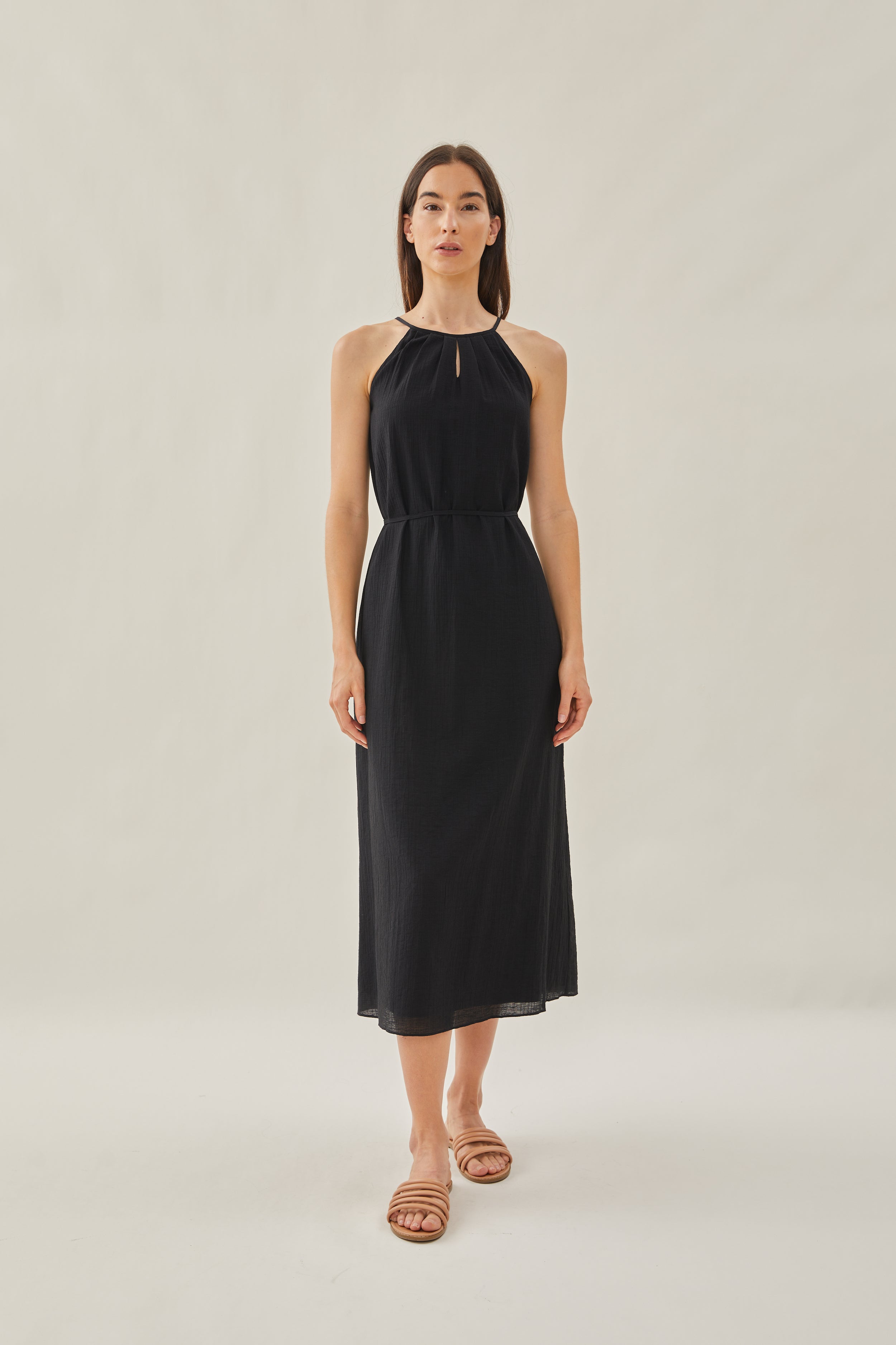 Gathered Dress With Keyhole in Black