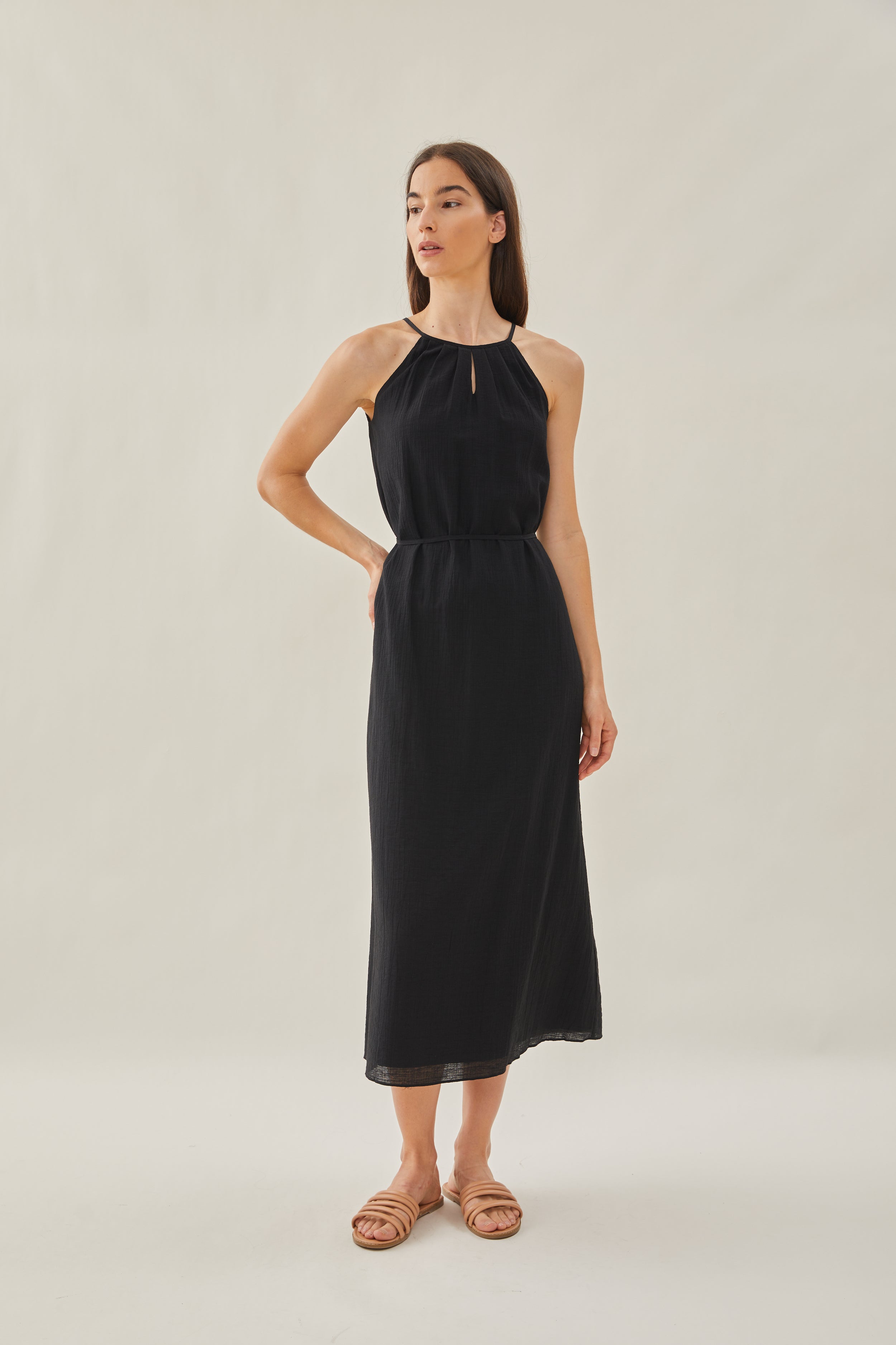 Gathered Dress With Keyhole in Black