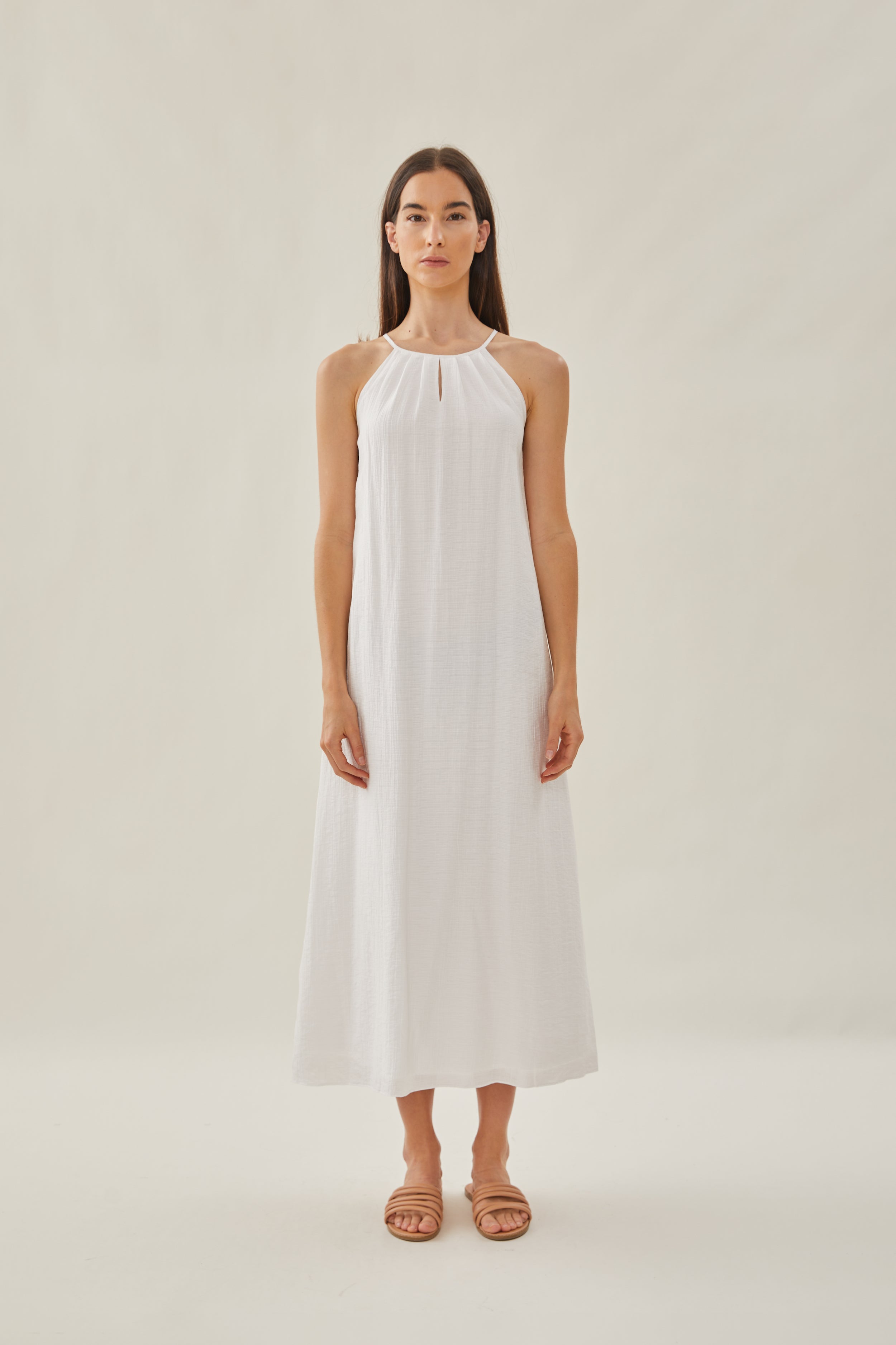 Gathered Dress With Keyhole in White