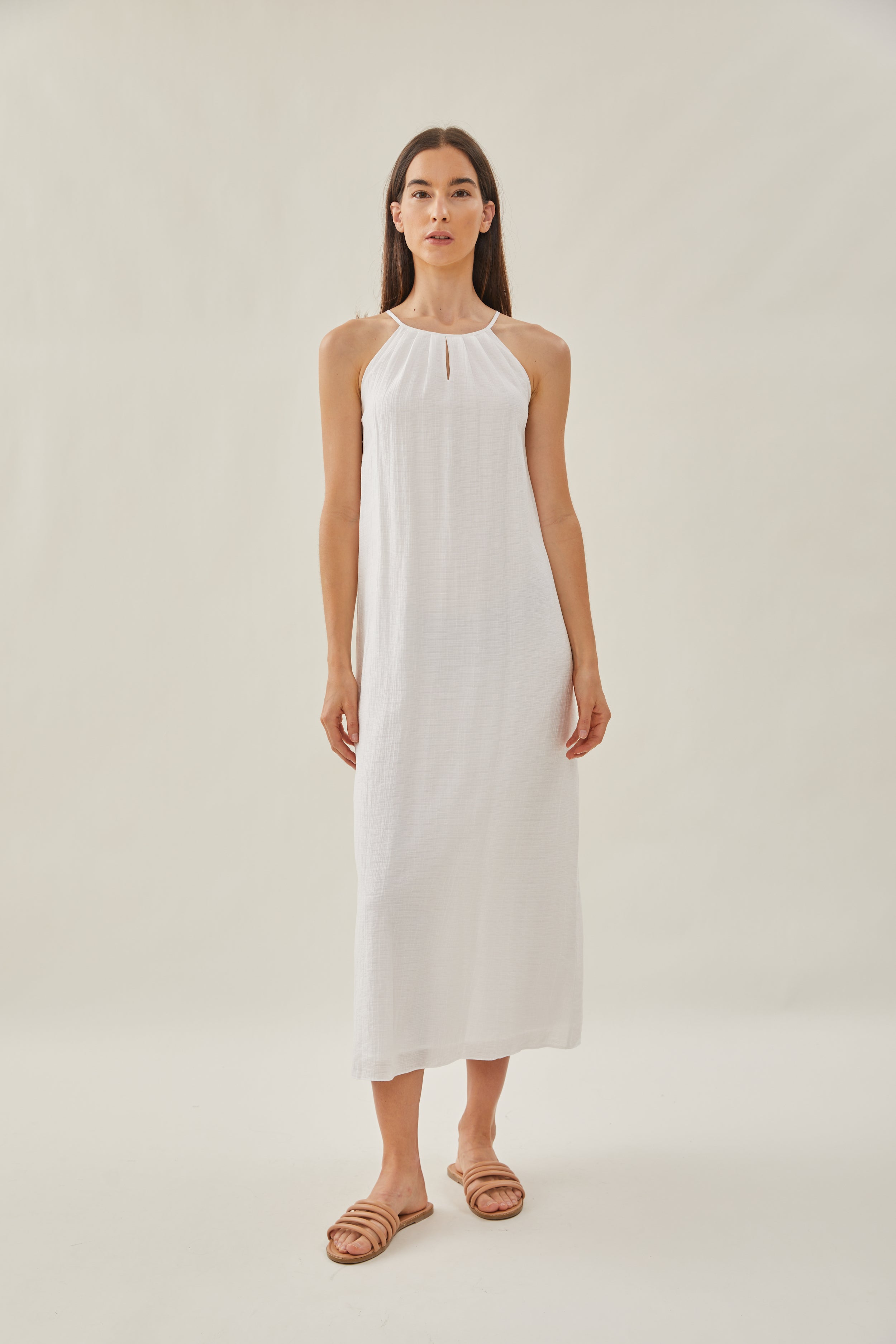 Gathered Dress With Keyhole in White