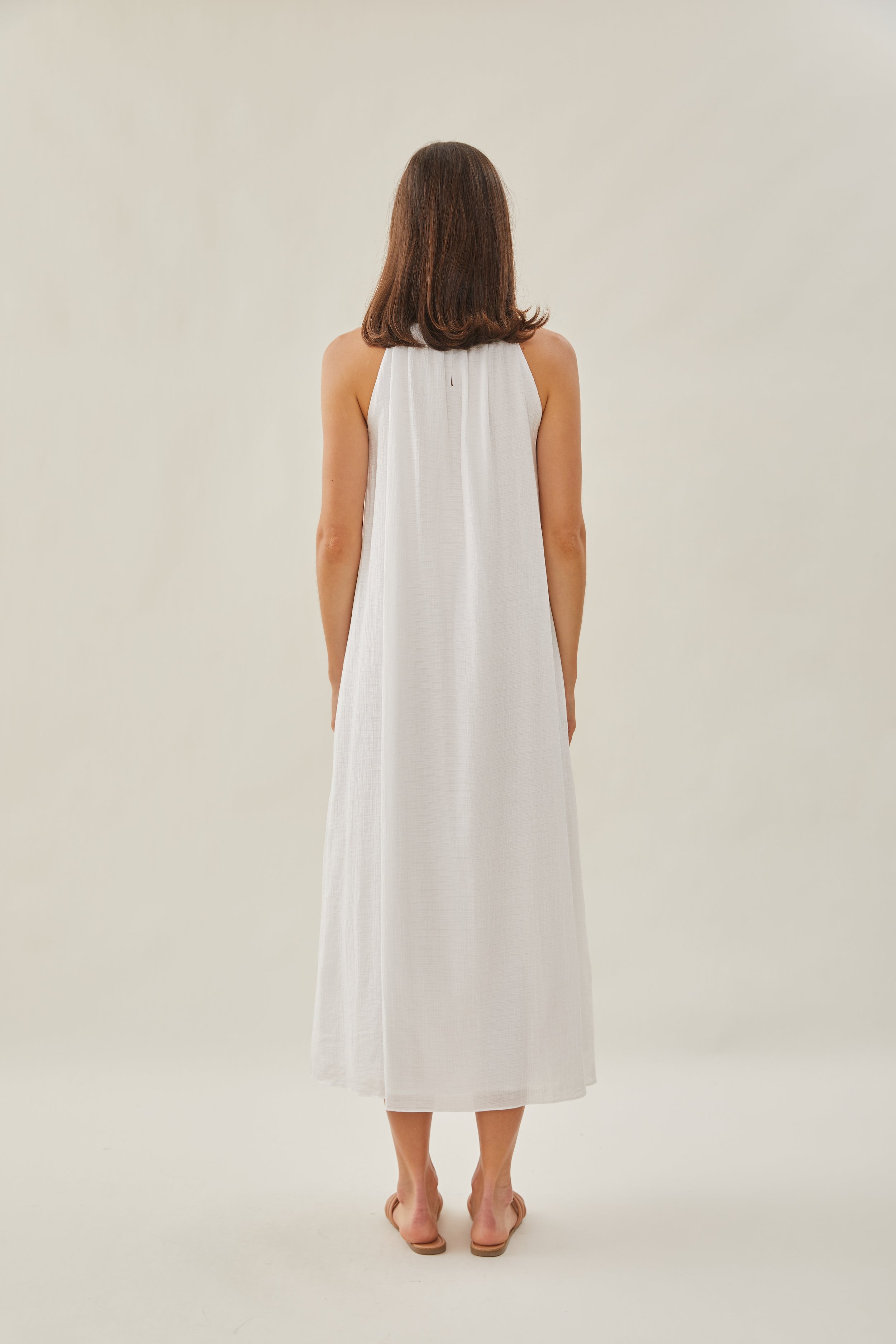 Gathered Dress With Keyhole in White