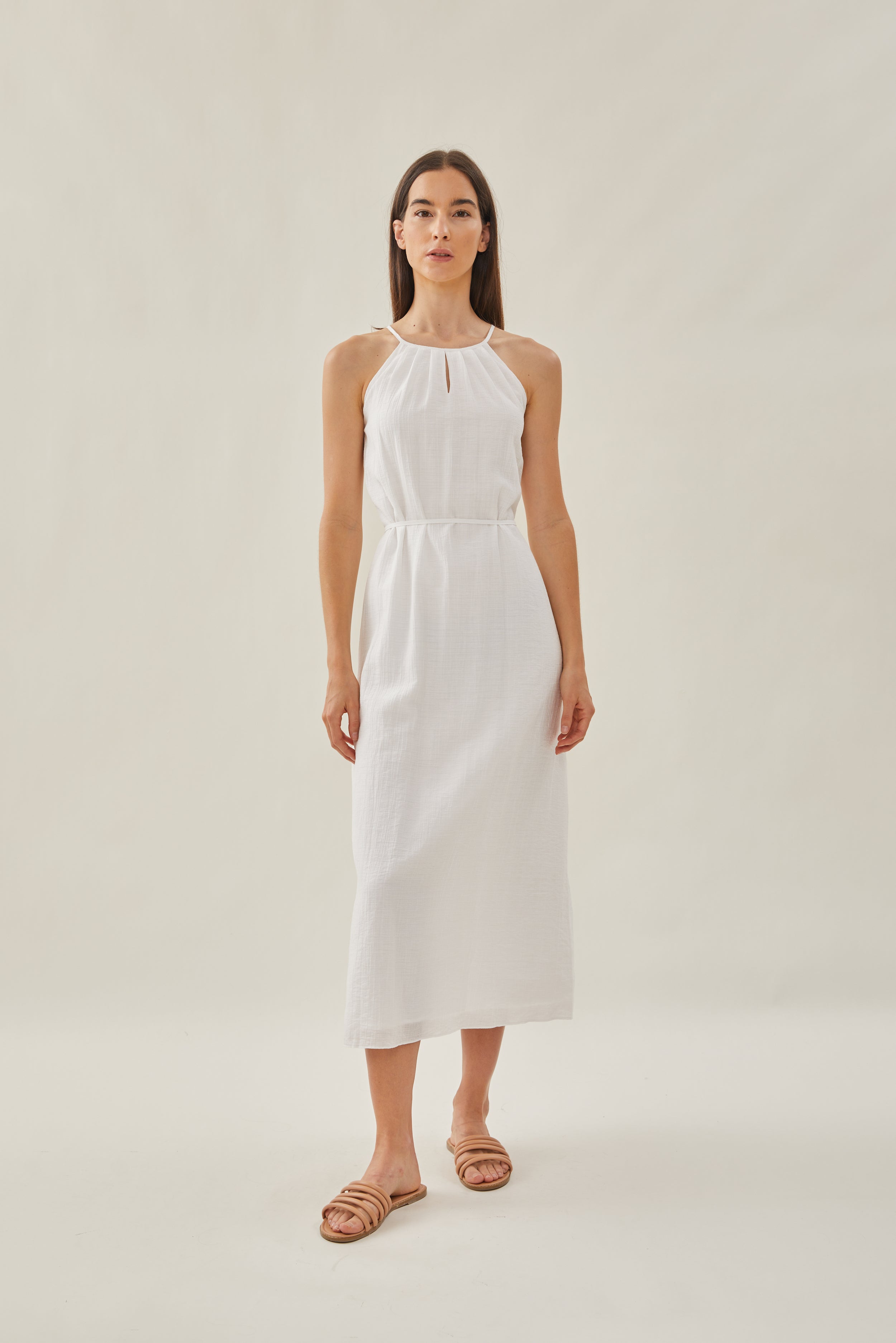 Gathered Dress With Keyhole in White