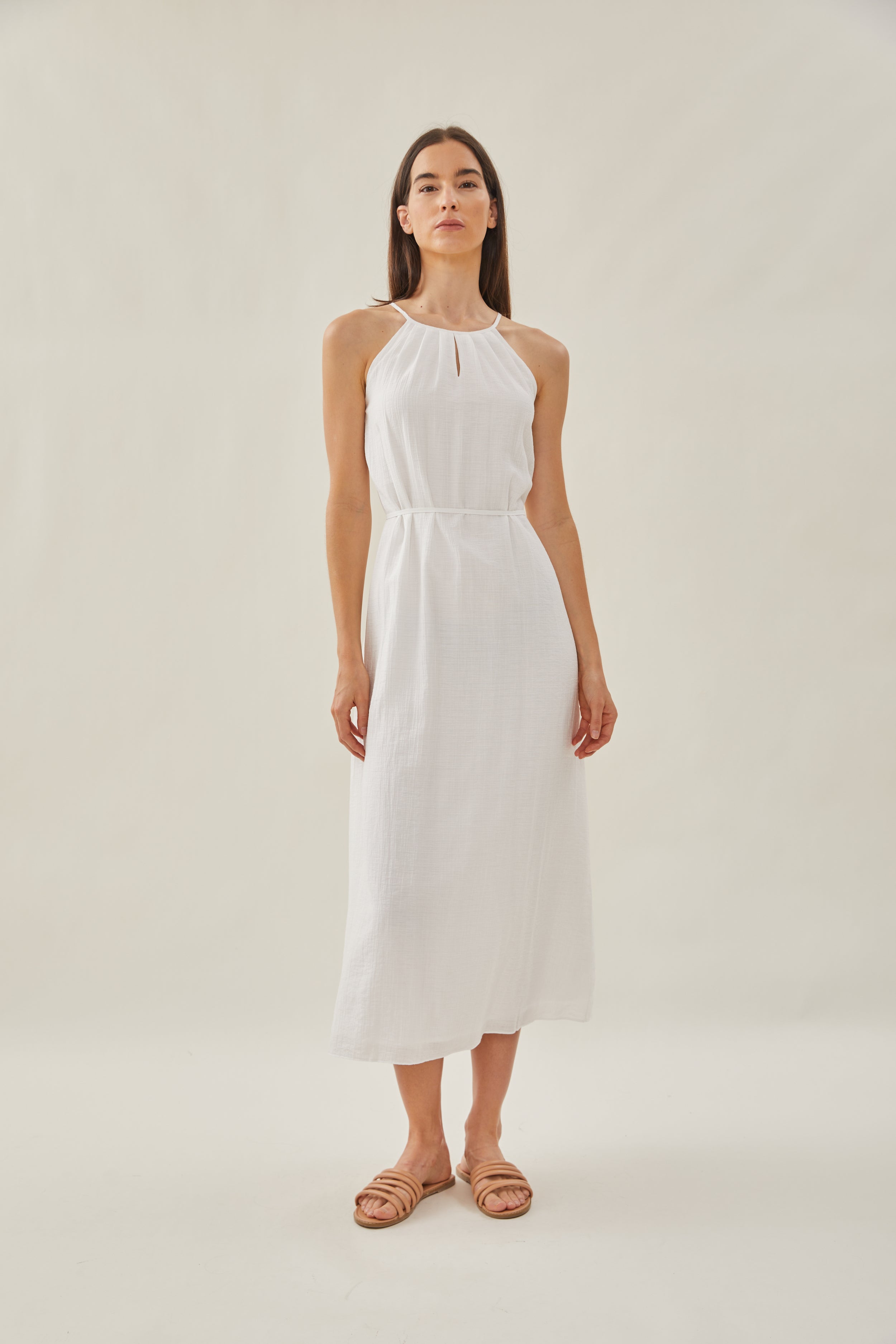 Gathered Dress With Keyhole in White