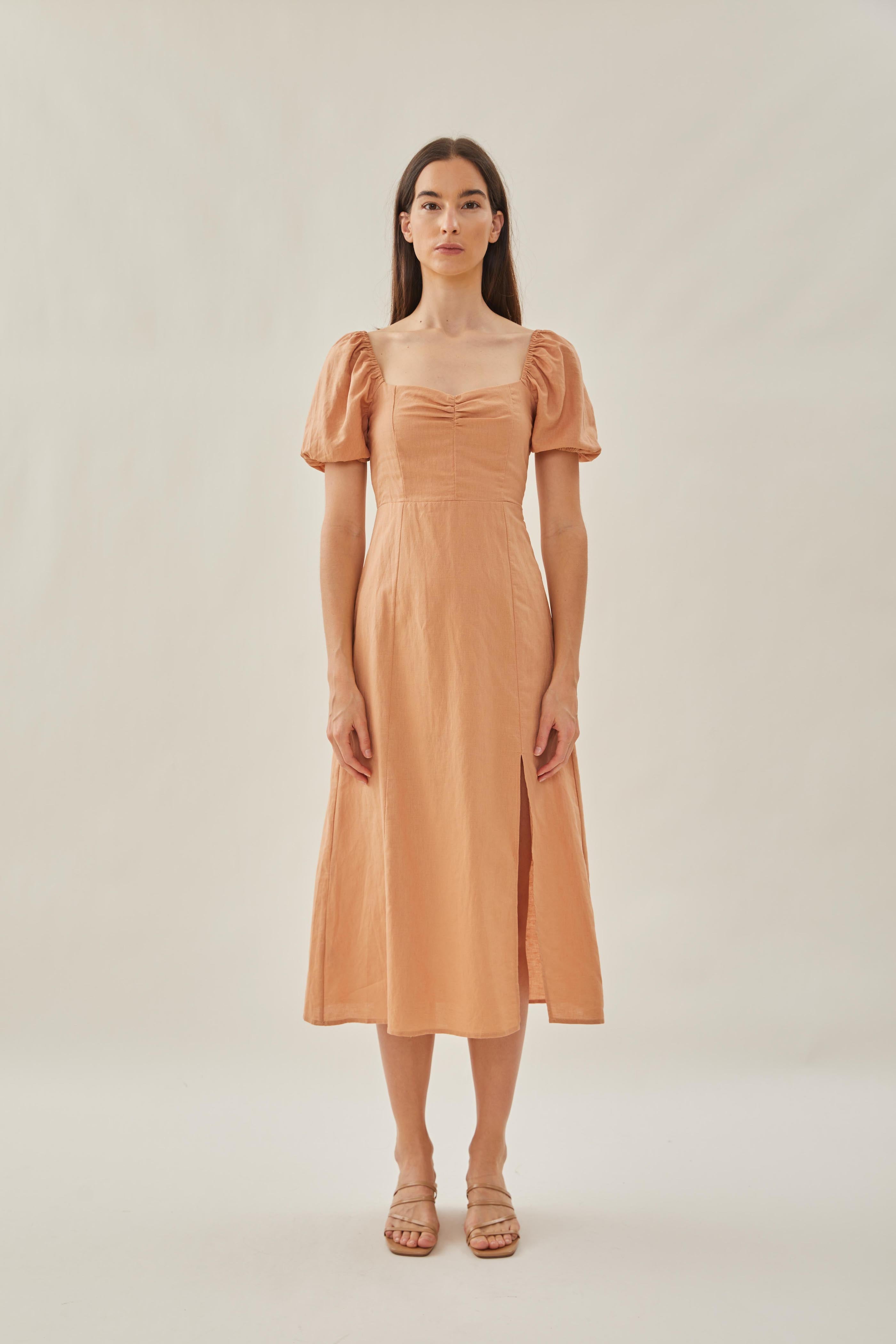 Sweetheart Puffed Sleeve Dress with Slit in Ochre