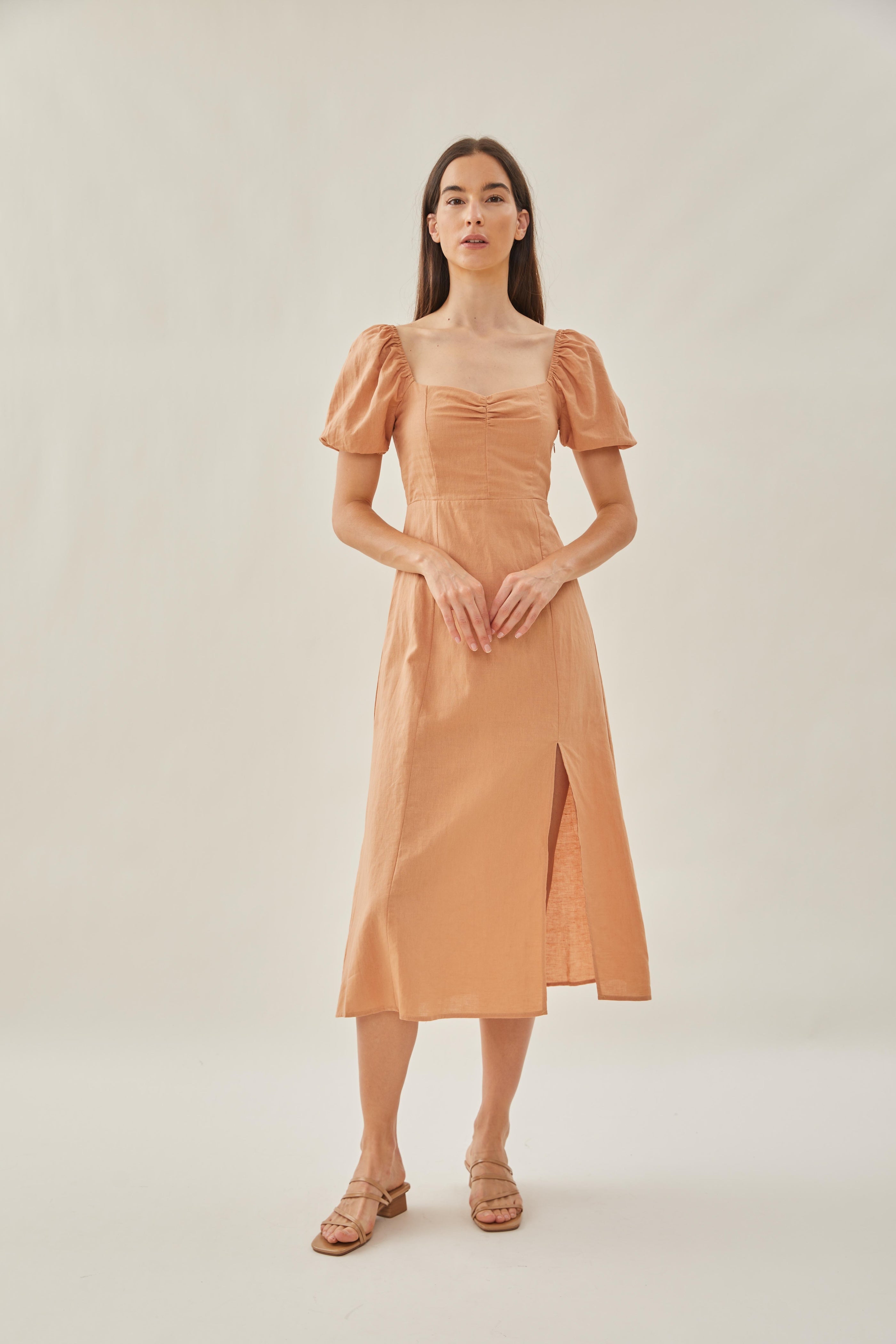 Sweetheart Puffed Sleeve Dress with Slit in Ochre