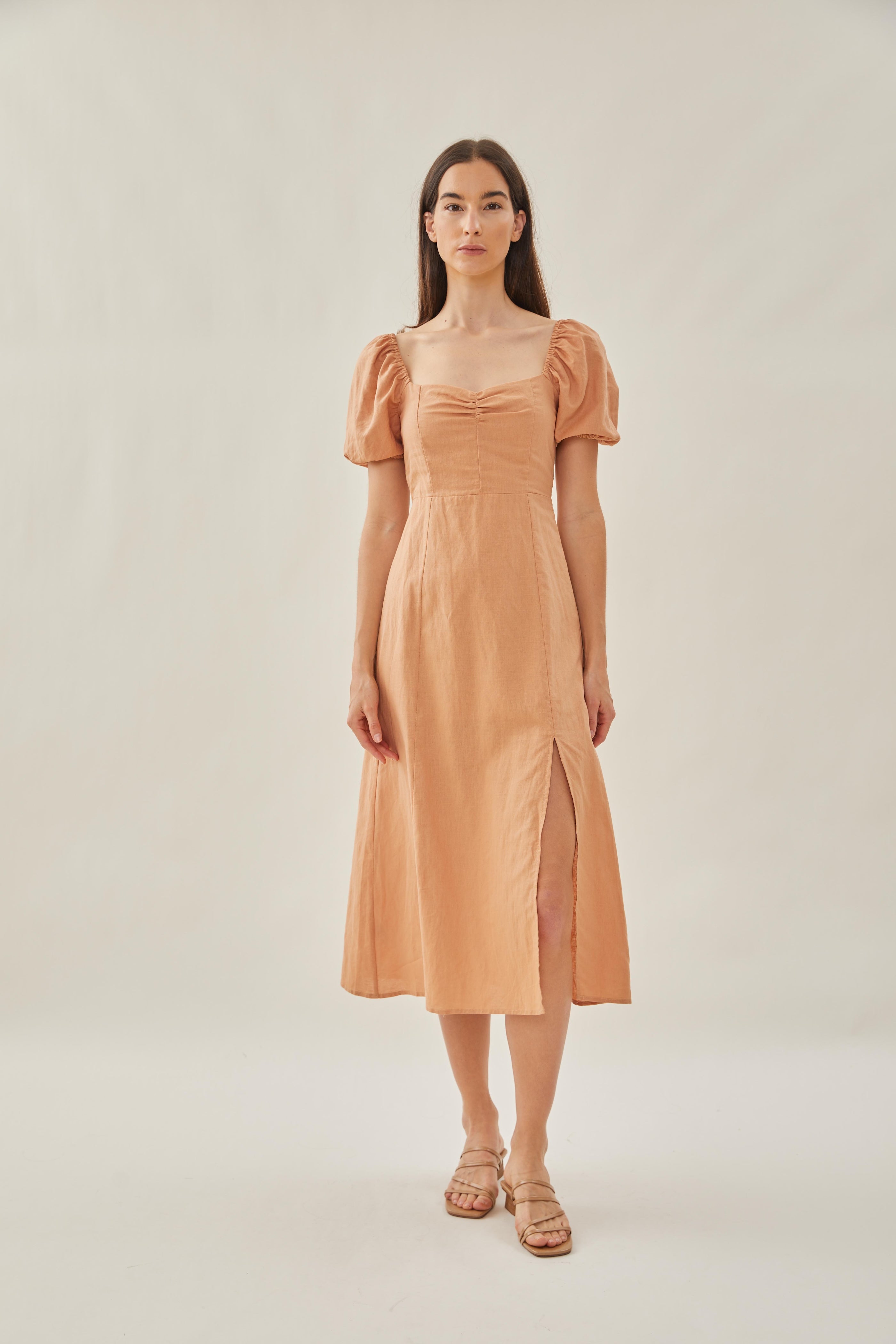 Sweetheart Puffed Sleeve Dress with Slit in Ochre