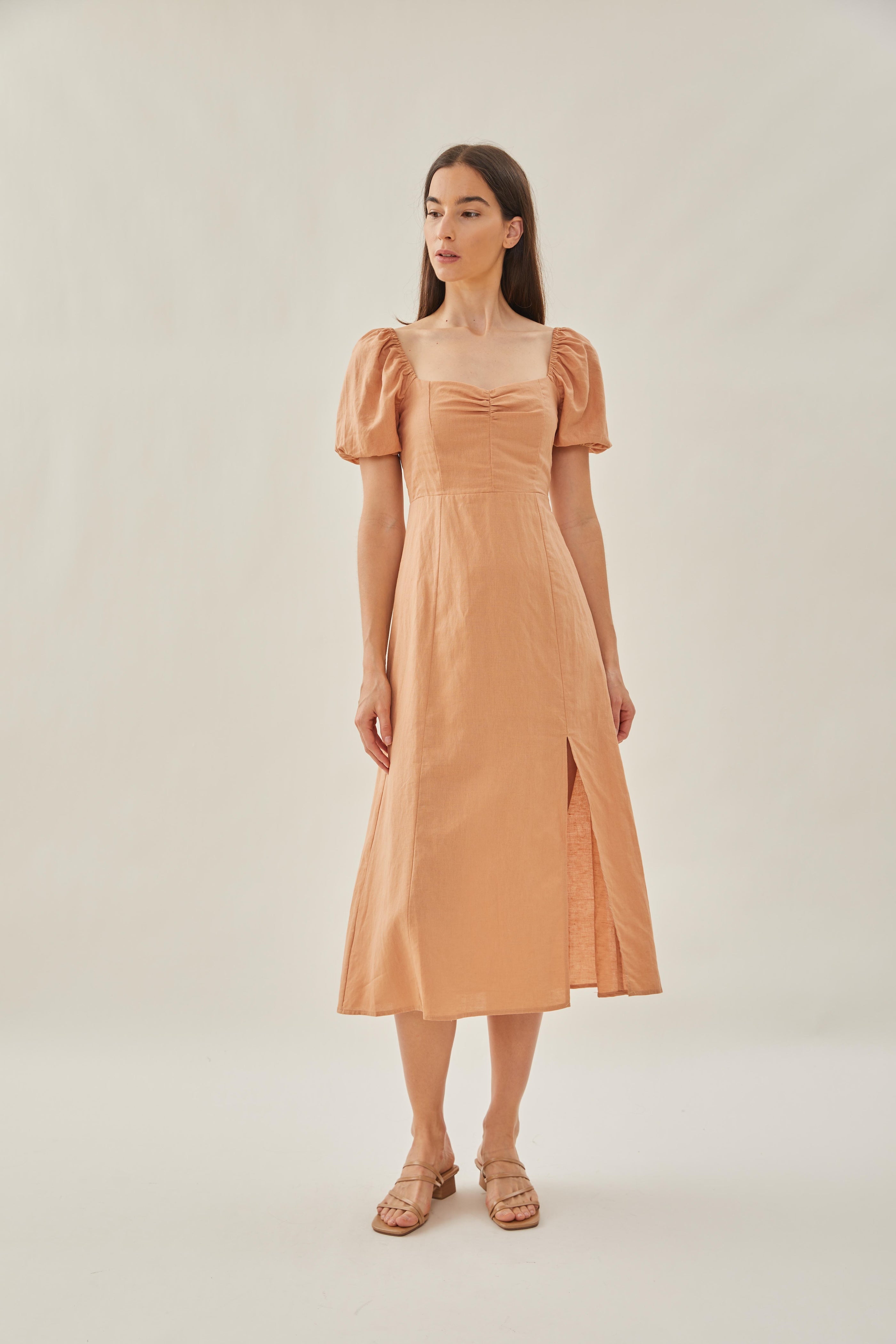 Sweetheart Puffed Sleeve Dress with Slit in Ochre