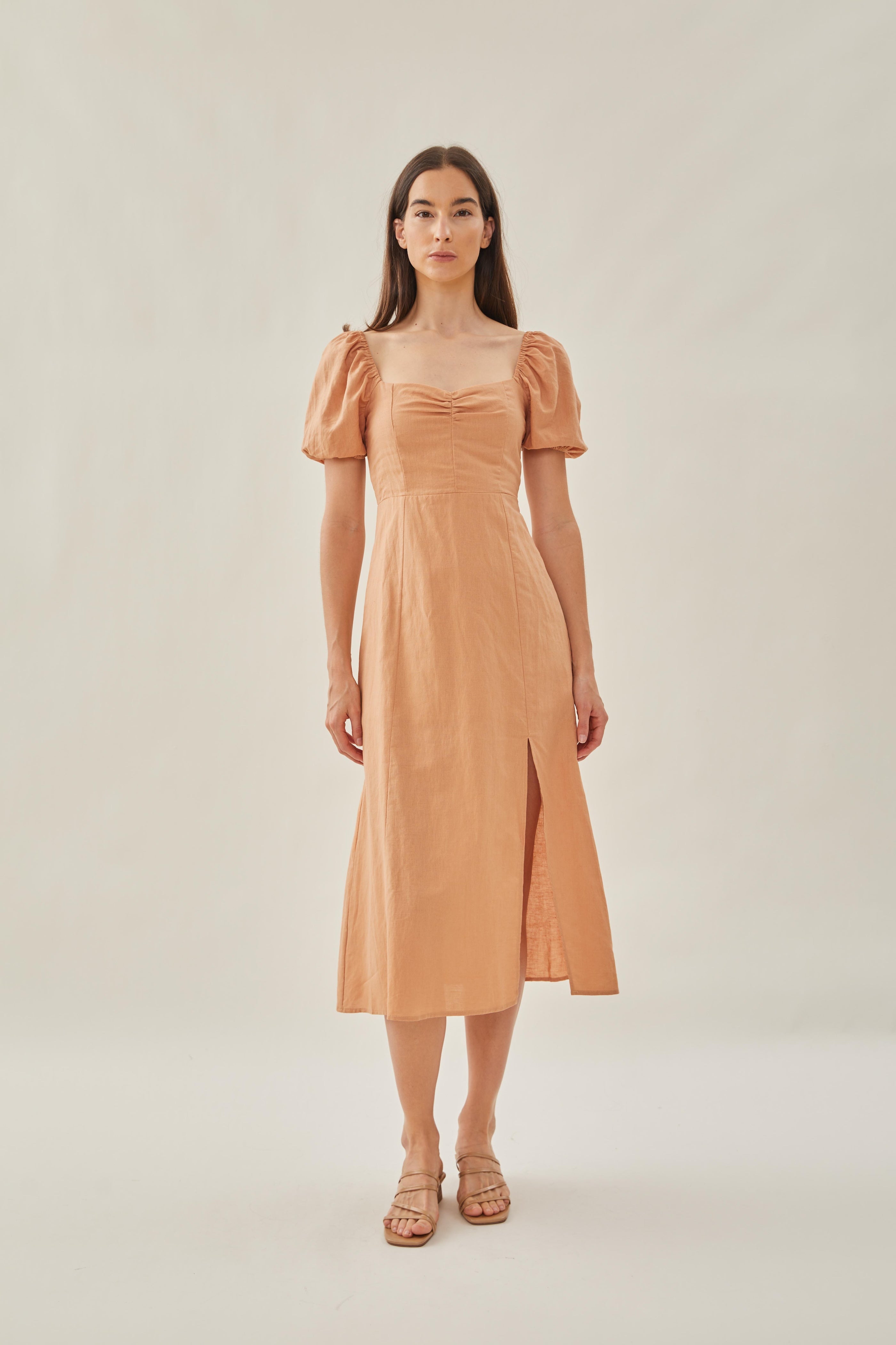 Sweetheart Puffed Sleeve Dress with Slit in Ochre