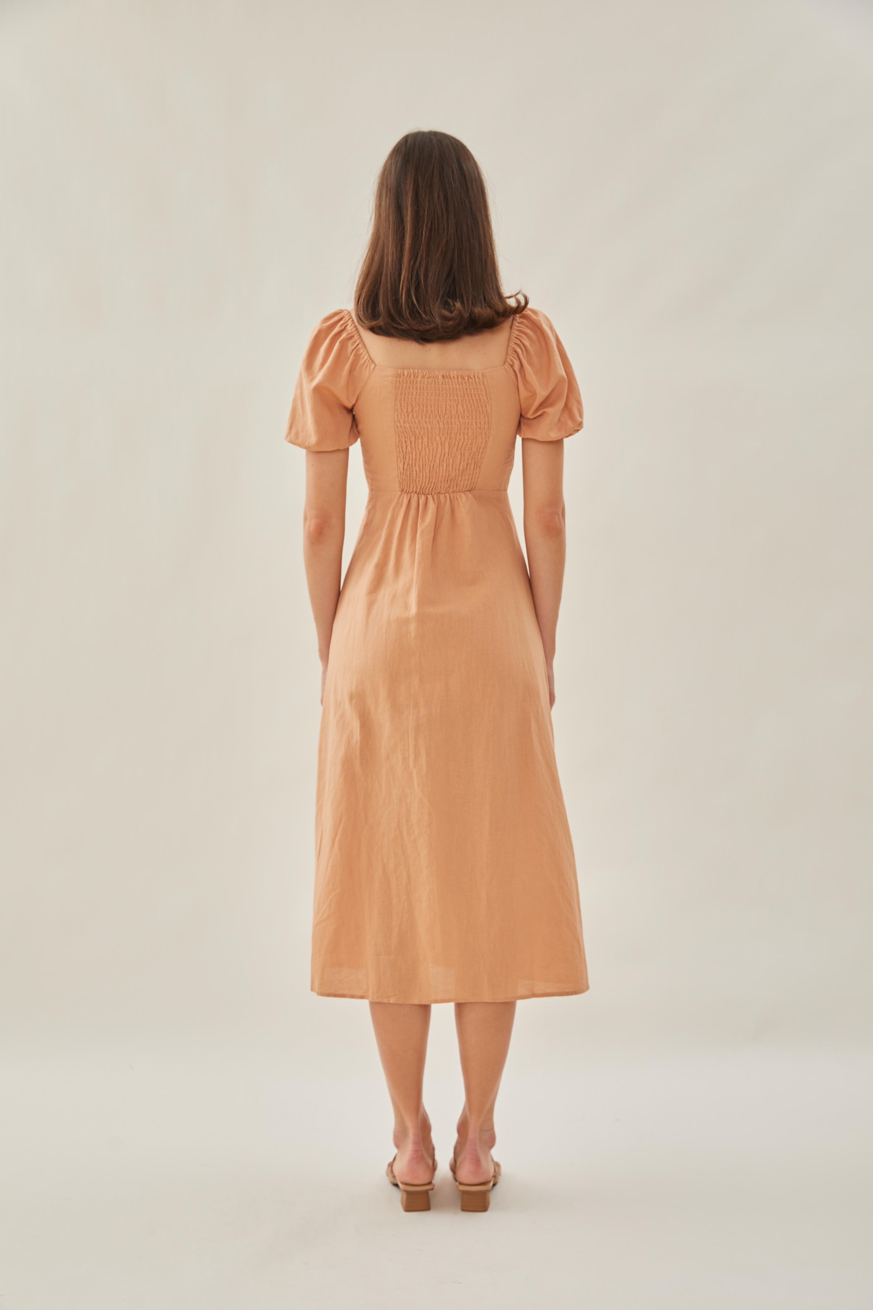 Sweetheart Puffed Sleeve Dress with Slit in Ochre