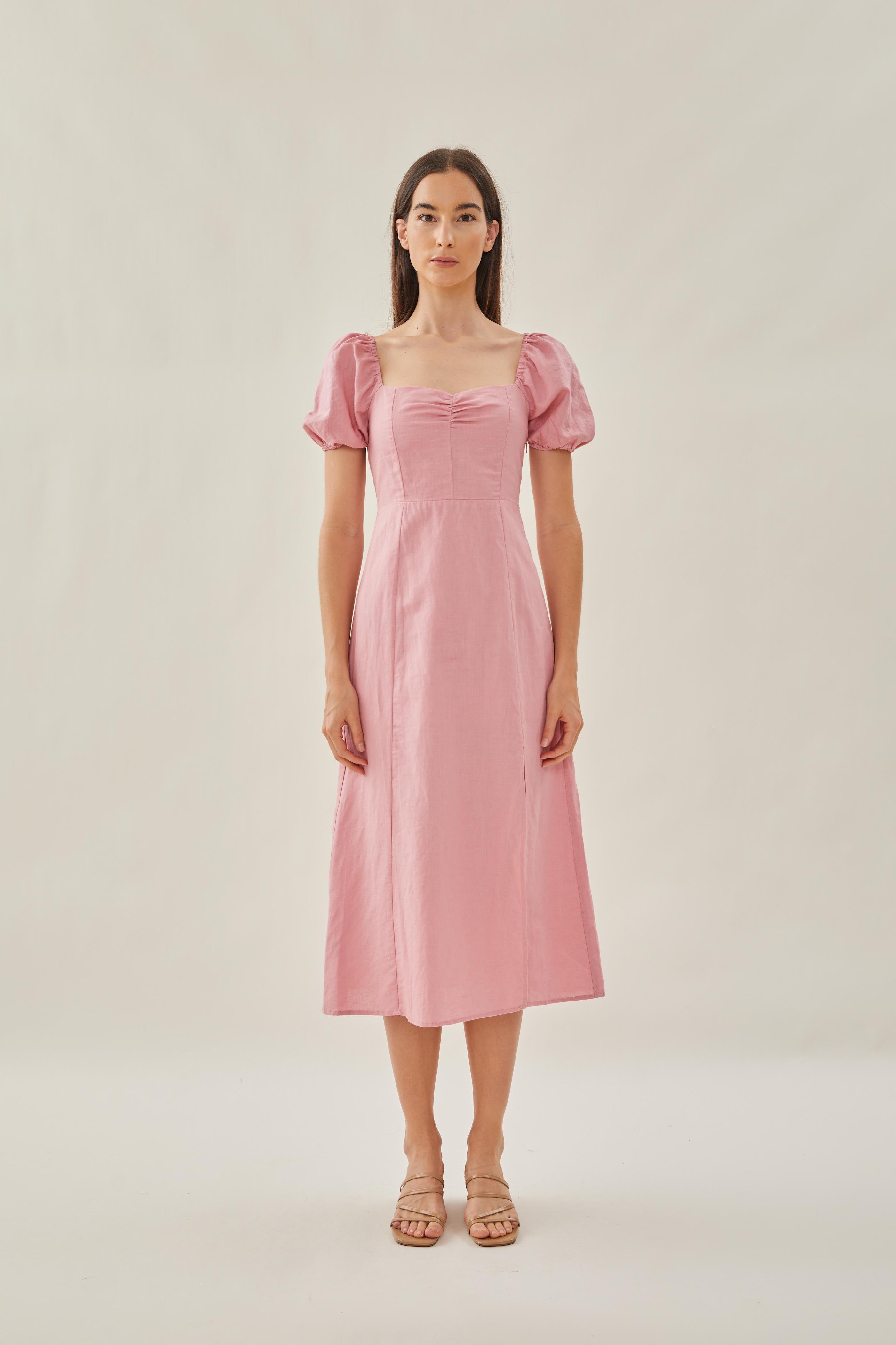 Sweetheart Puffed Sleeve Dress with Slit in Pink