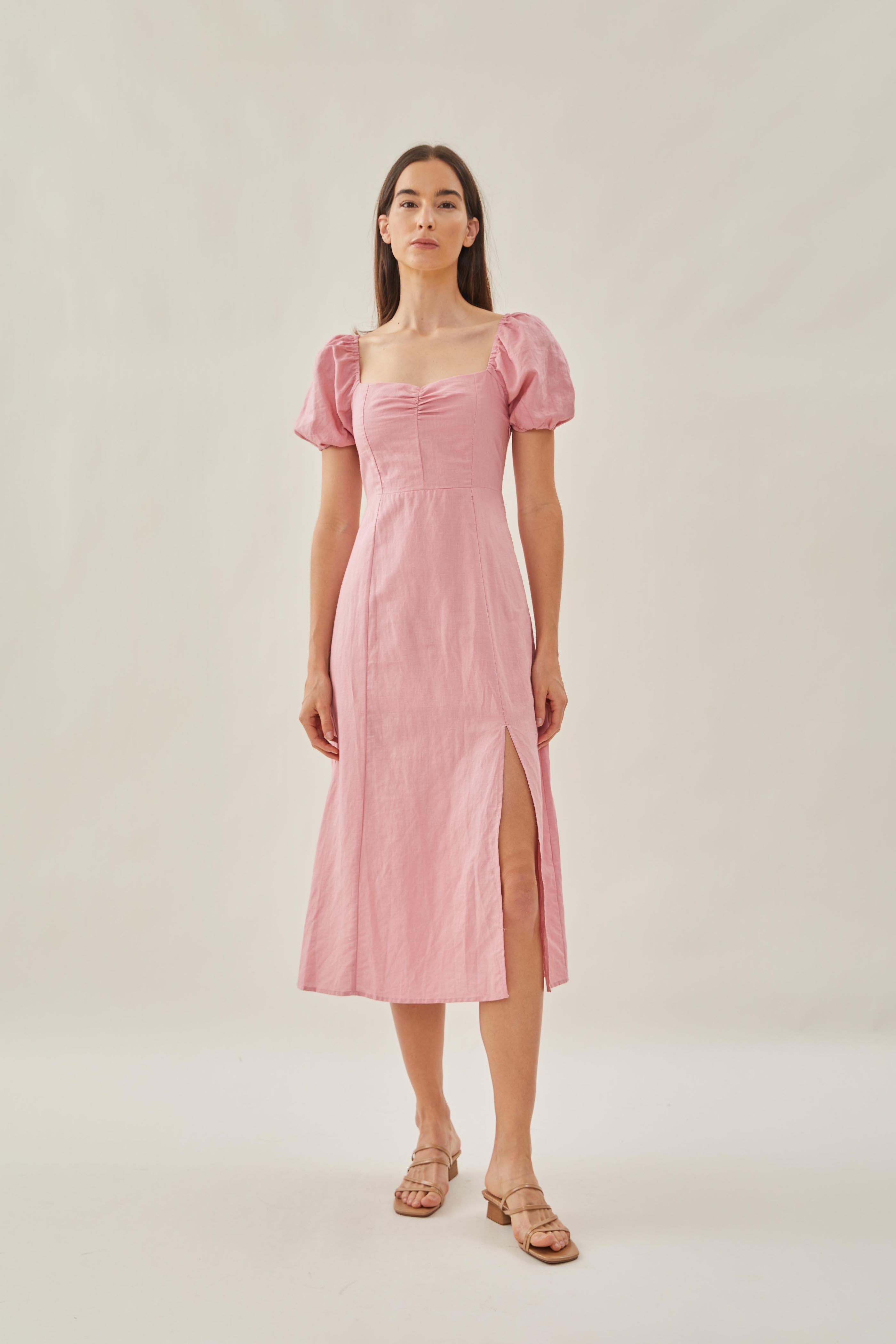 Sweetheart Puffed Sleeve Dress with Slit in Pink