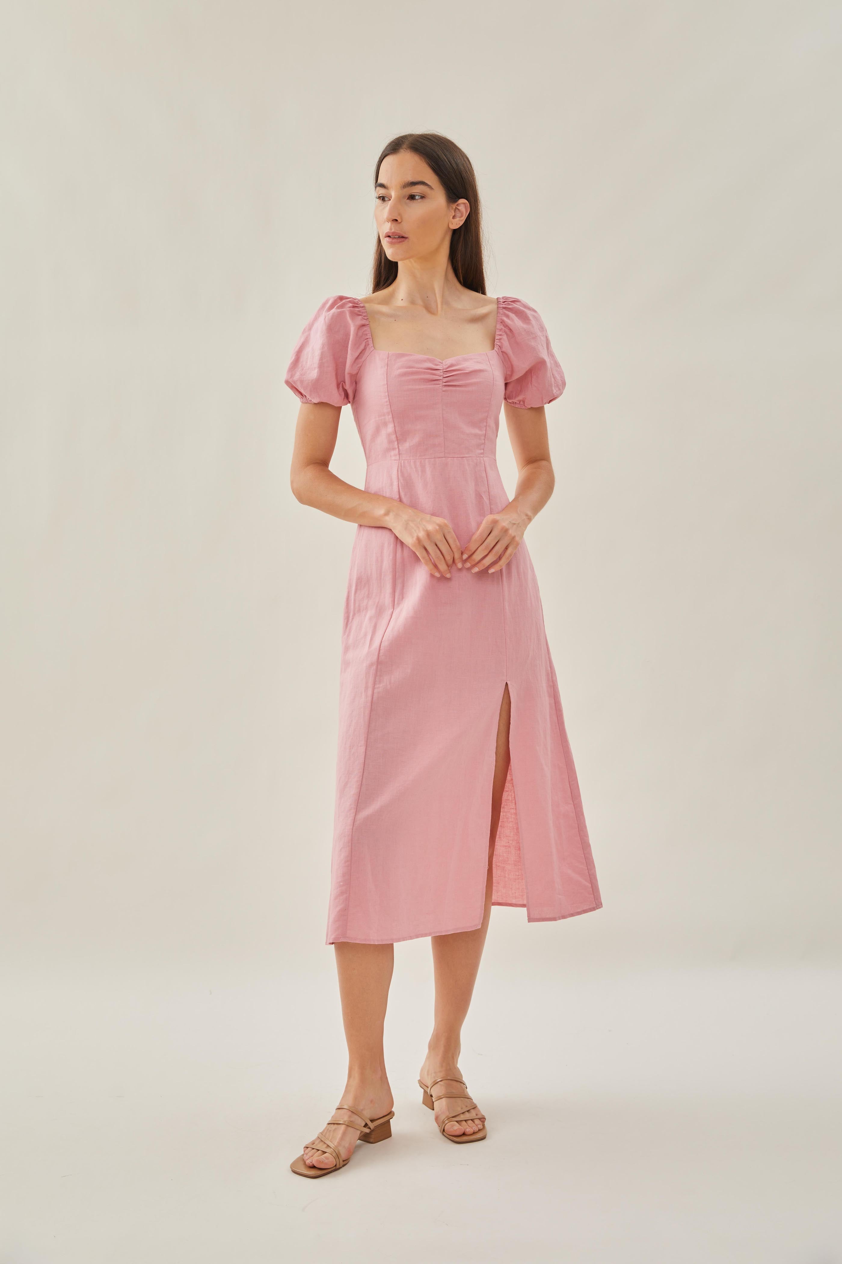 Sweetheart Puffed Sleeve Dress with Slit in Pink