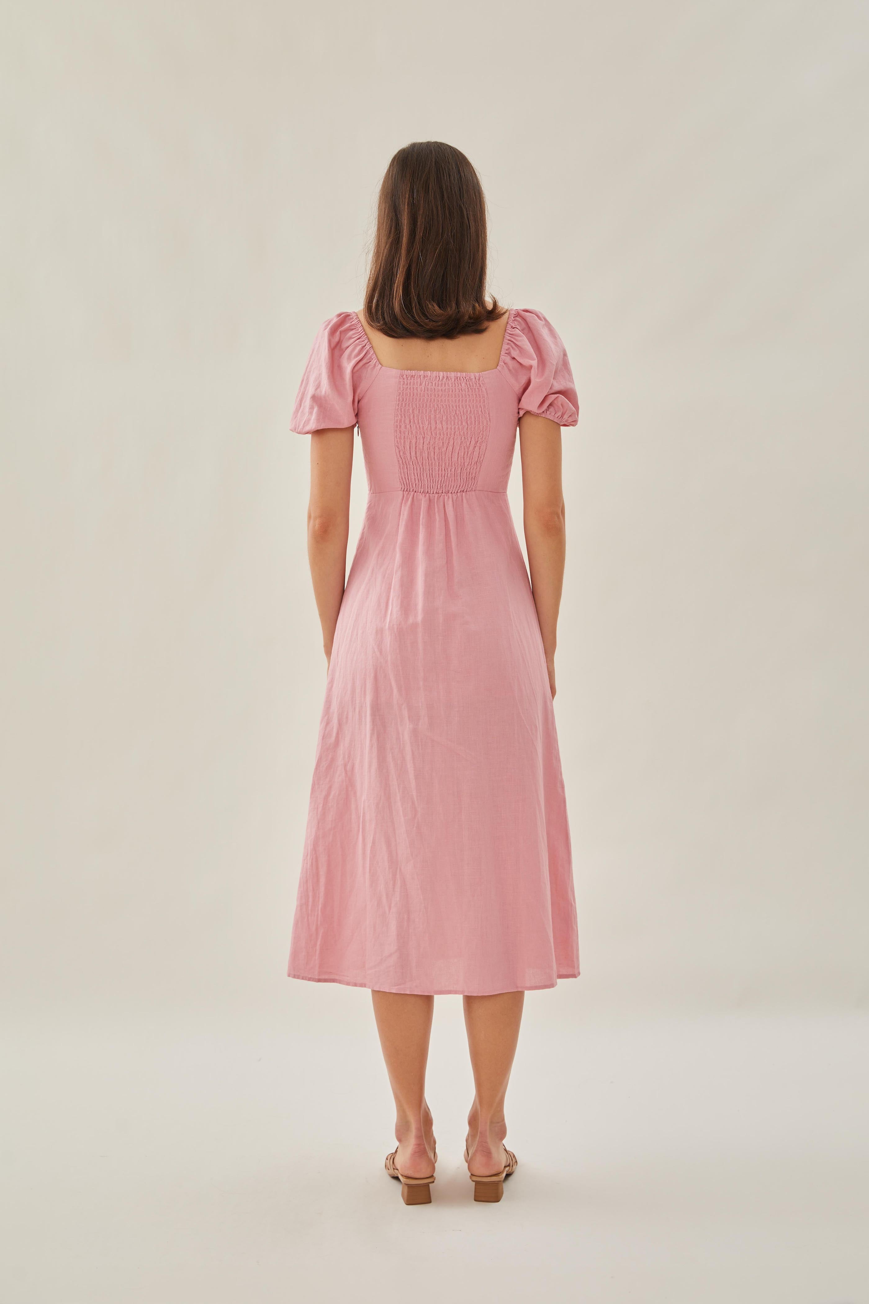 Sweetheart Puffed Sleeve Dress with Slit in Pink