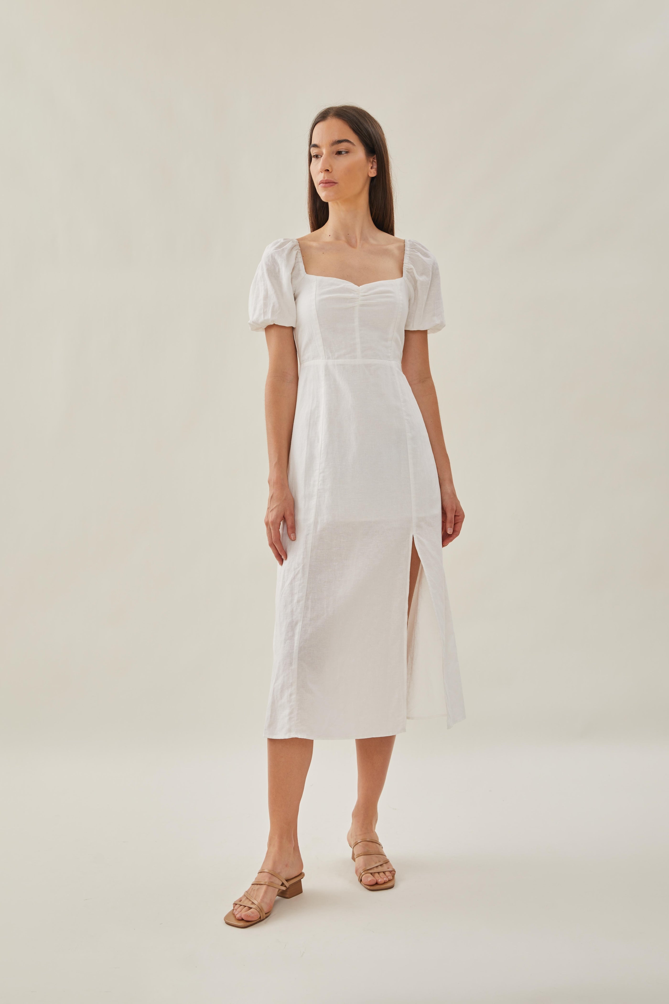 Sweetheart Puffed Sleeve Dress with Slit in White