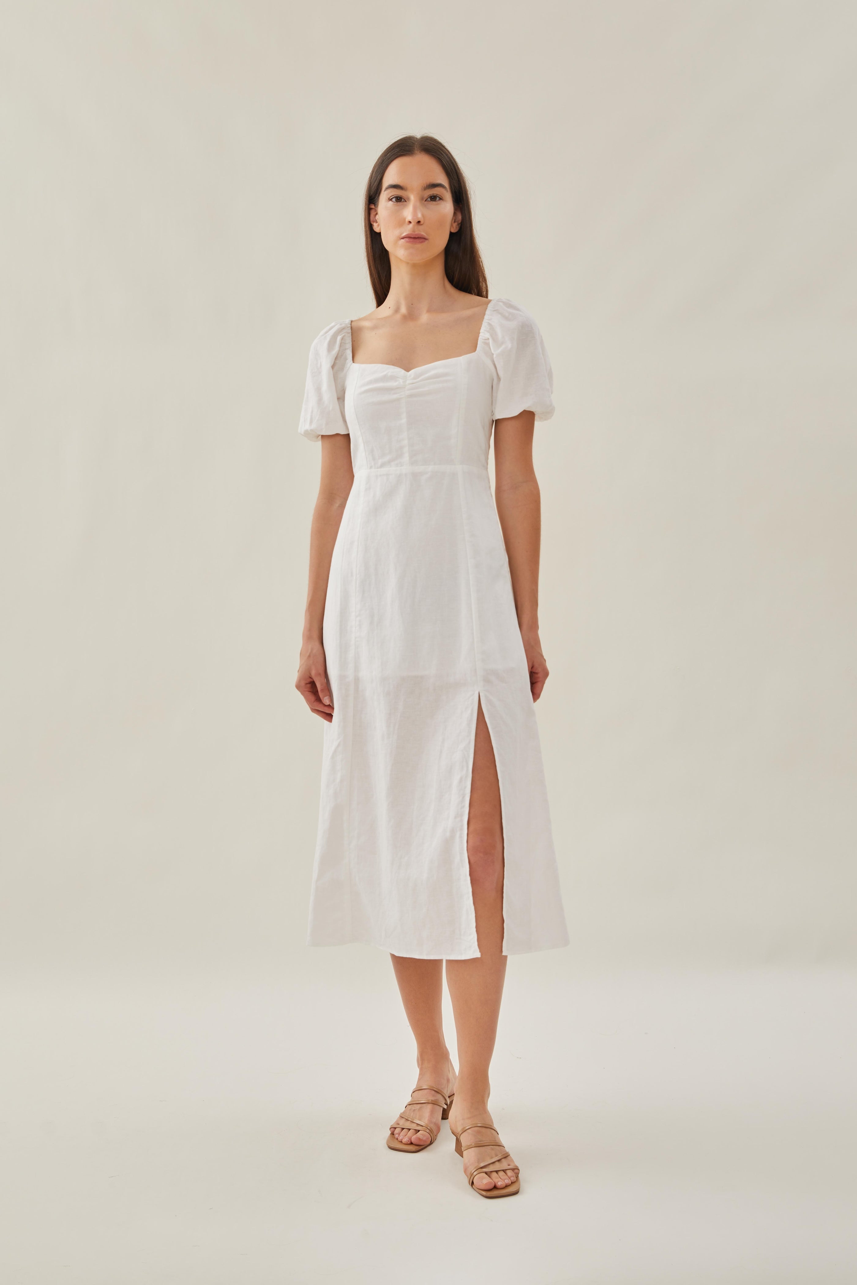 Sweetheart Puffed Sleeve Dress with Slit in White