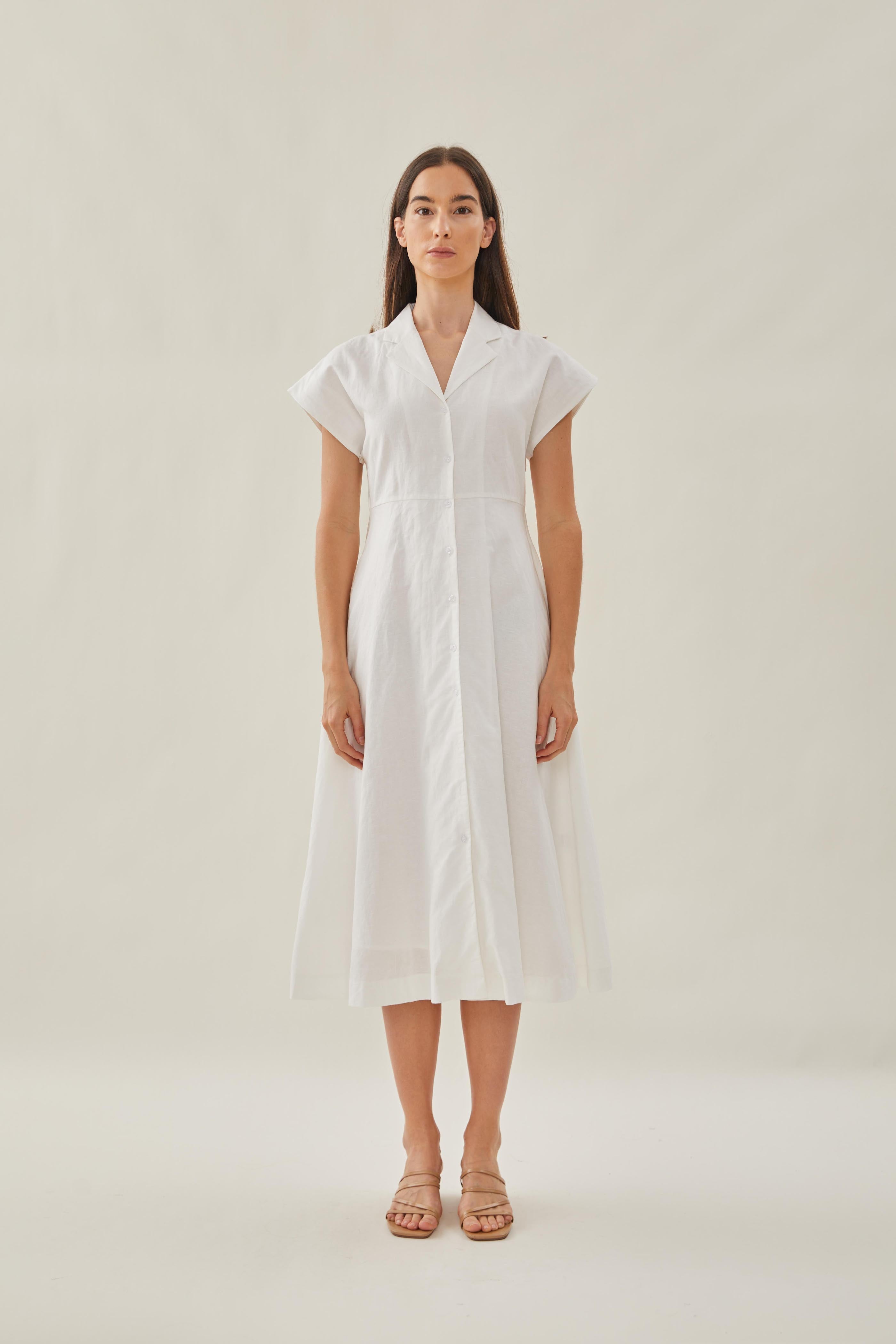 Linen Collared Midi Dress in White