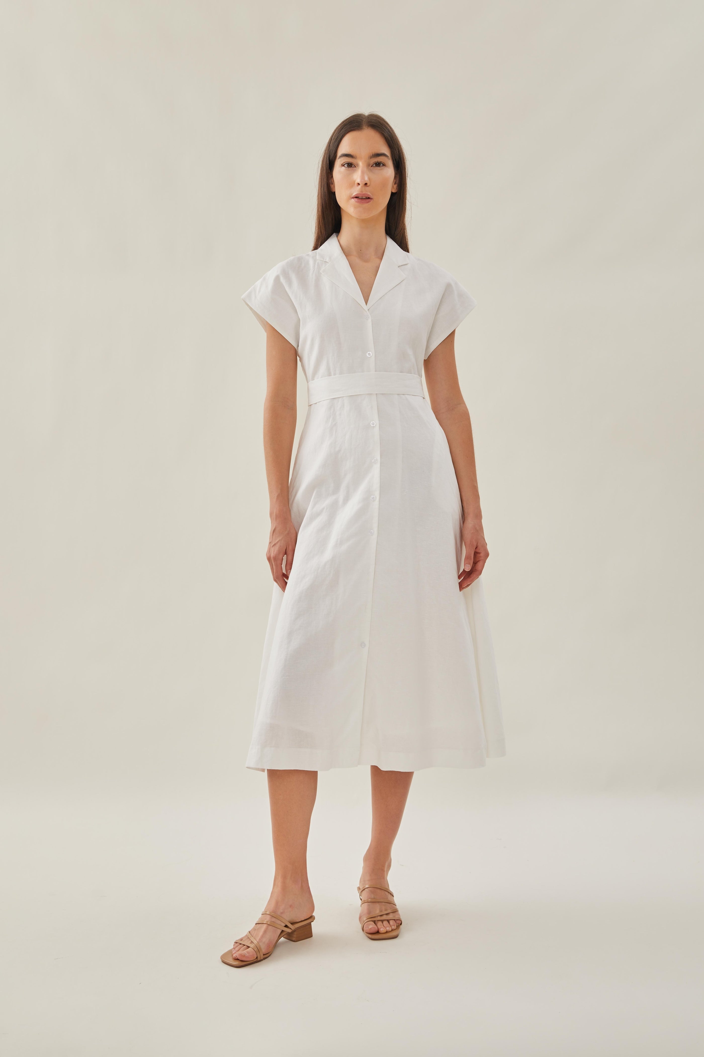 Linen Collared Midi Dress in White