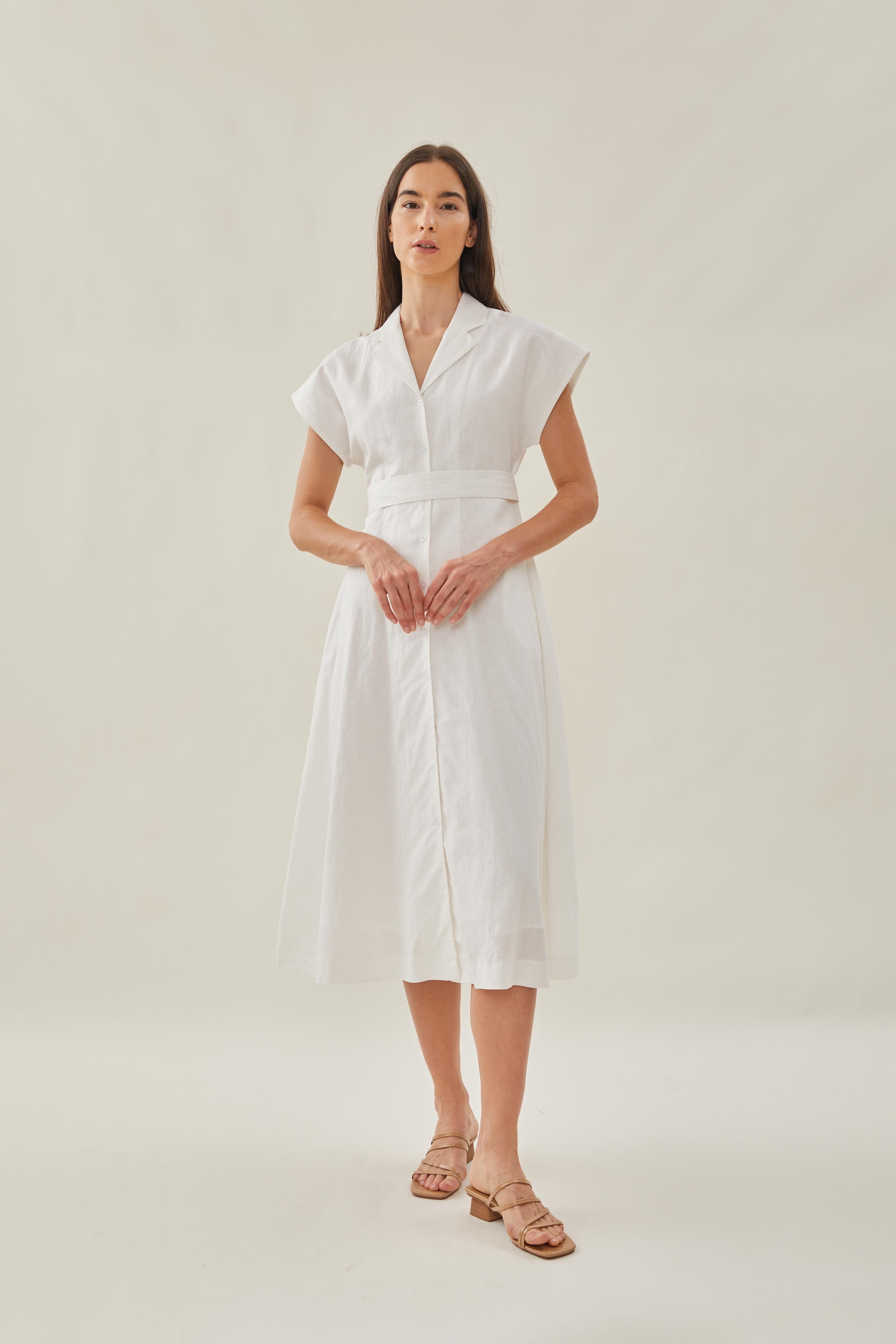 Linen Collared Midi Dress in White