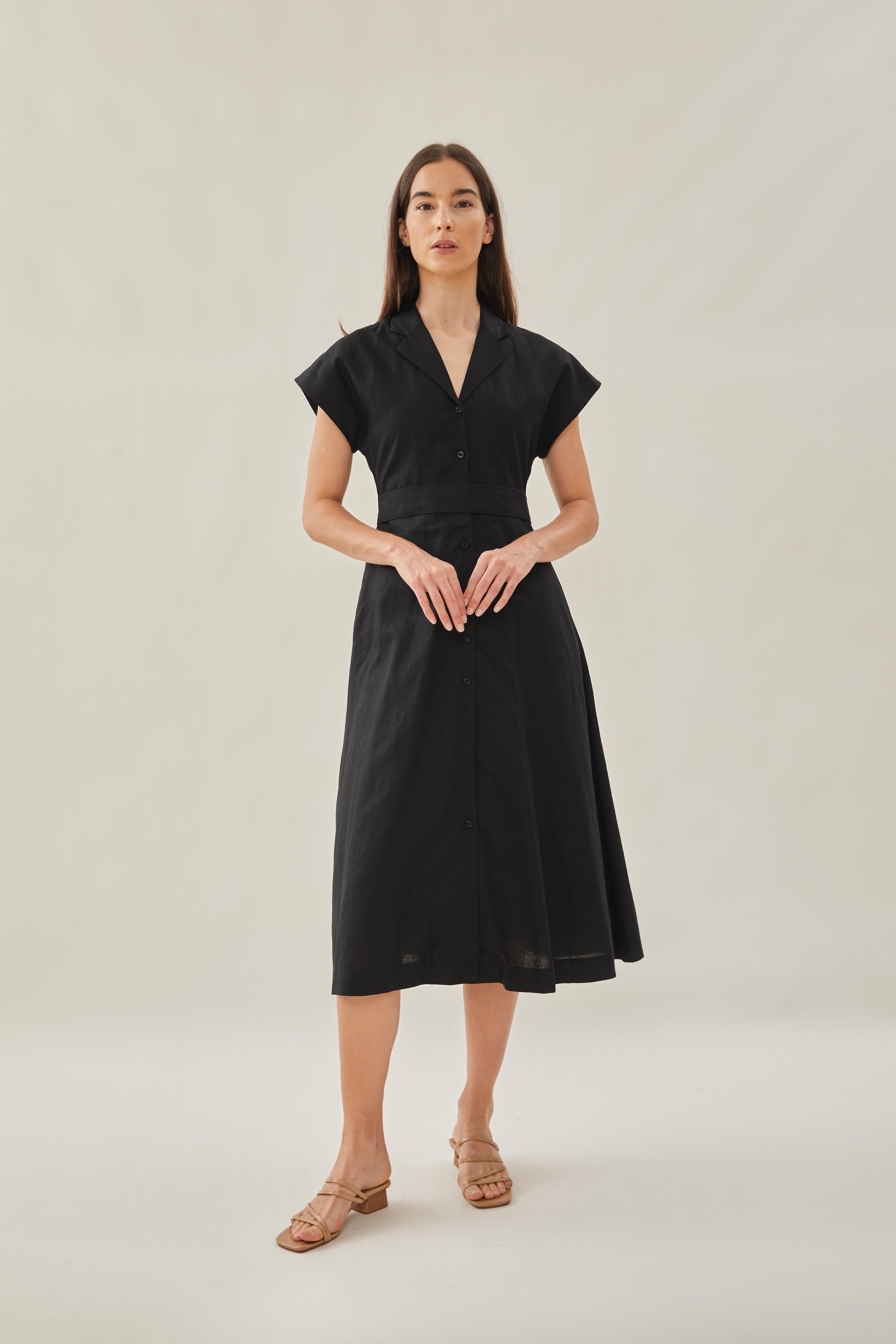 Linen Collared Midi Dress in Black