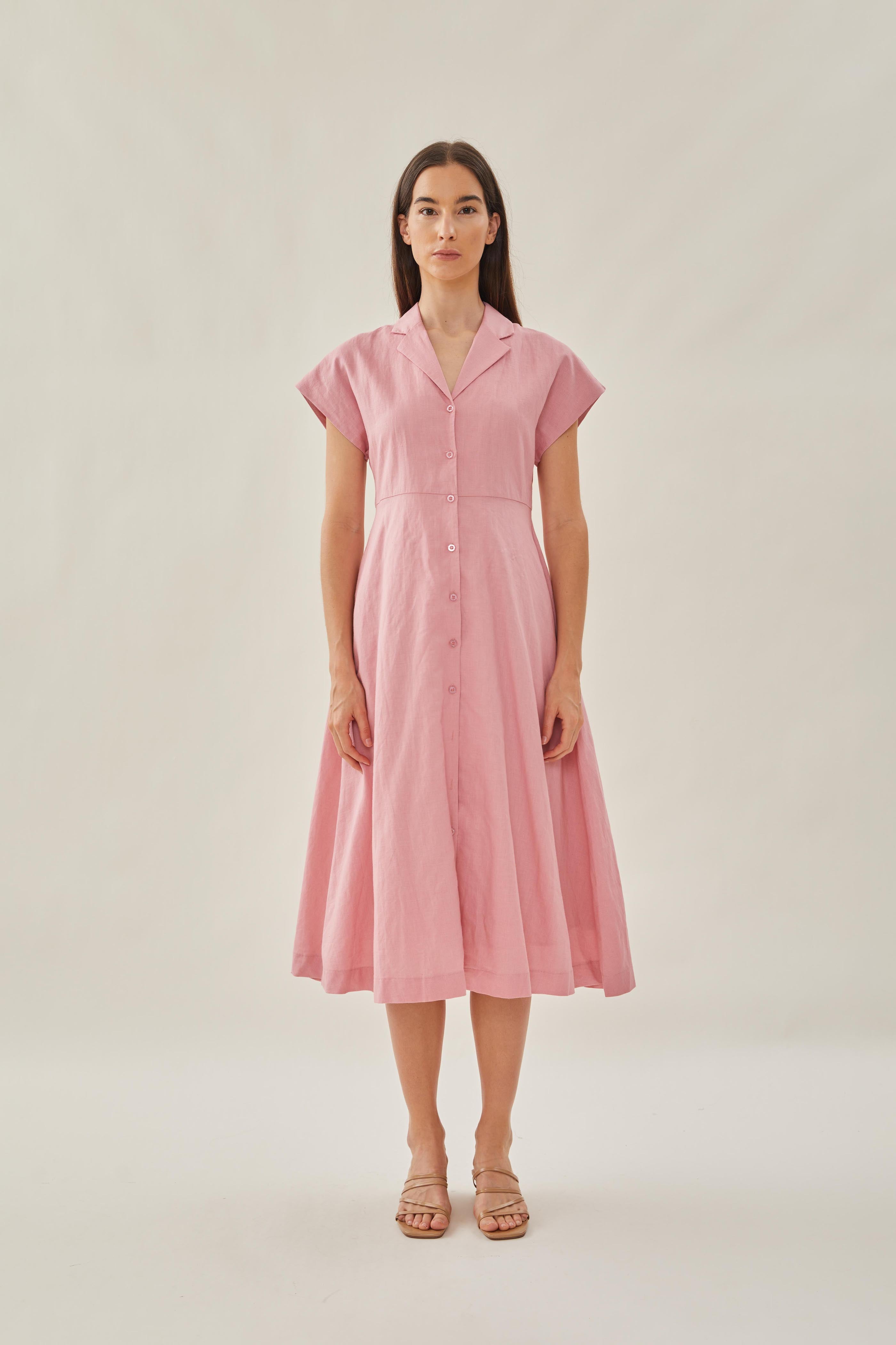 Linen Collared Midi Dress in Pink