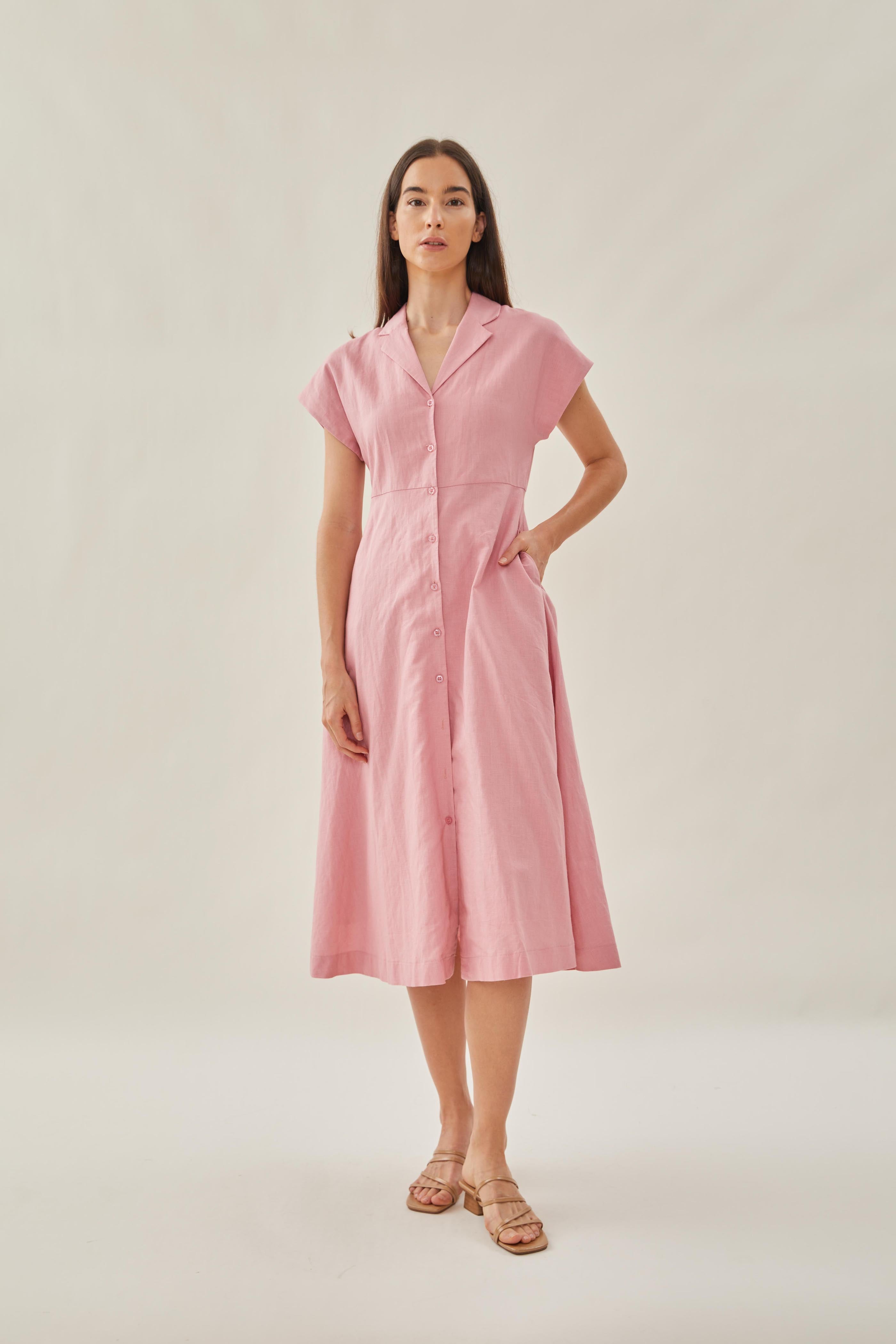 Linen Collared Midi Dress in Pink