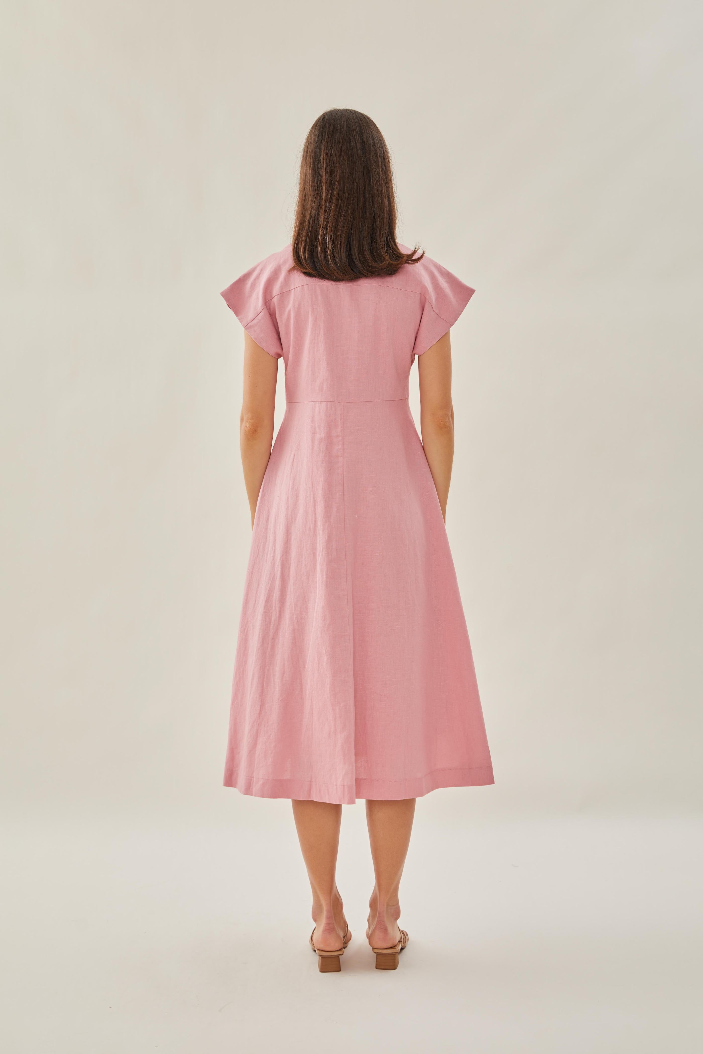 Linen Collared Midi Dress in Pink